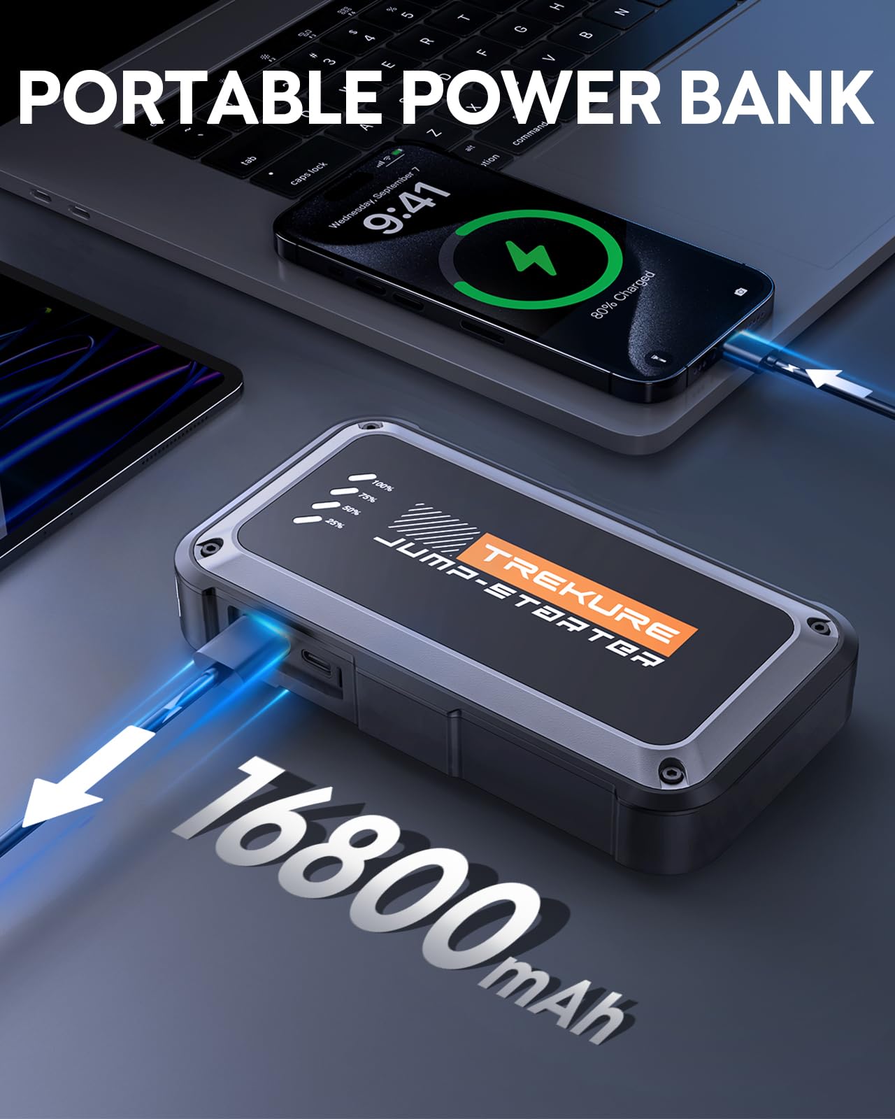 TREKURE Portable Car Battery Jump Starter 4000A, 16800mAh, Fast Charge, Compact Design, Model TK10, for 8.0L Gas/6.5L