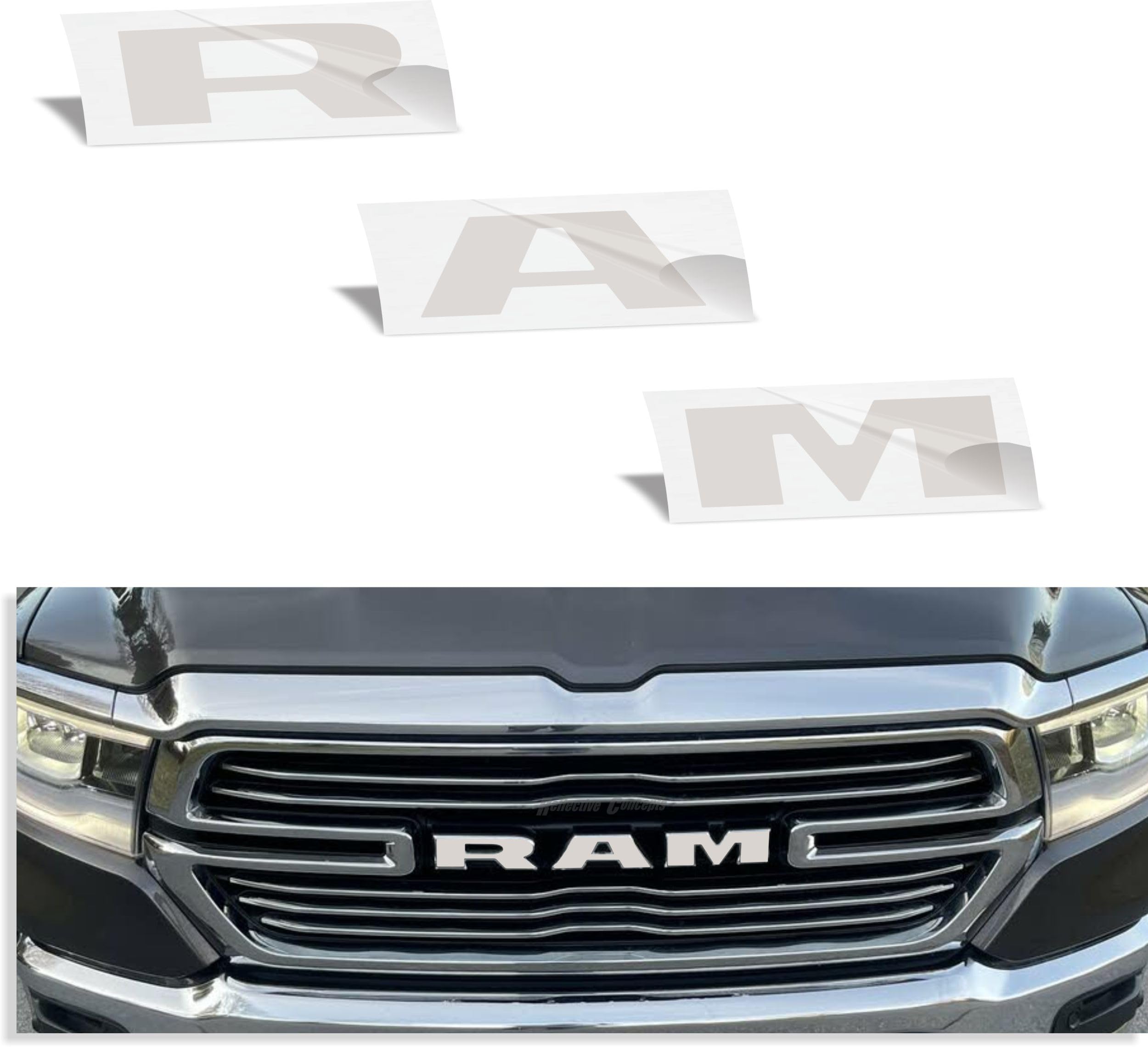 Reflective Concepts RAM Grille Emblem Overlay Decal 2019-2024 Ram 1500, NOT for Classic or TRX (Color: Reflective Light Silver)