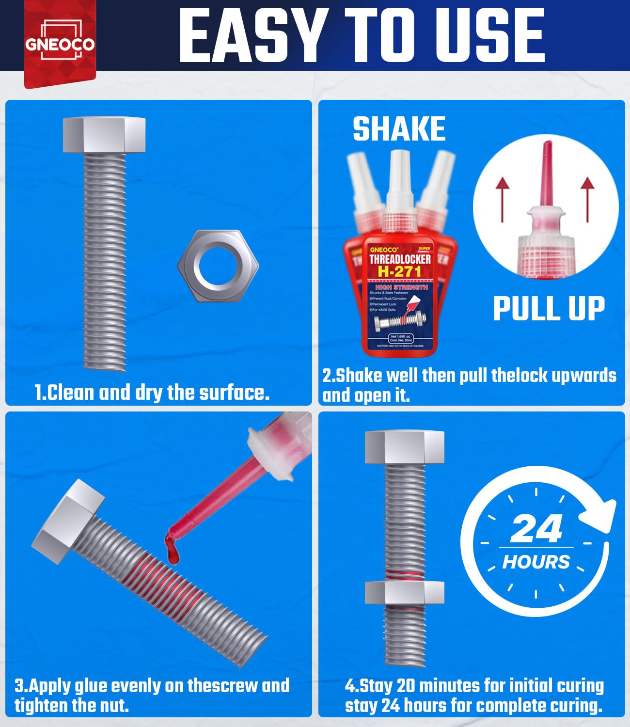 GNEOCO ThreadLocker Medium High Strength Lock Tight, 100ml, Blue, Model M243 H271 for Nuts, Bolts, Fasteners, and Metals