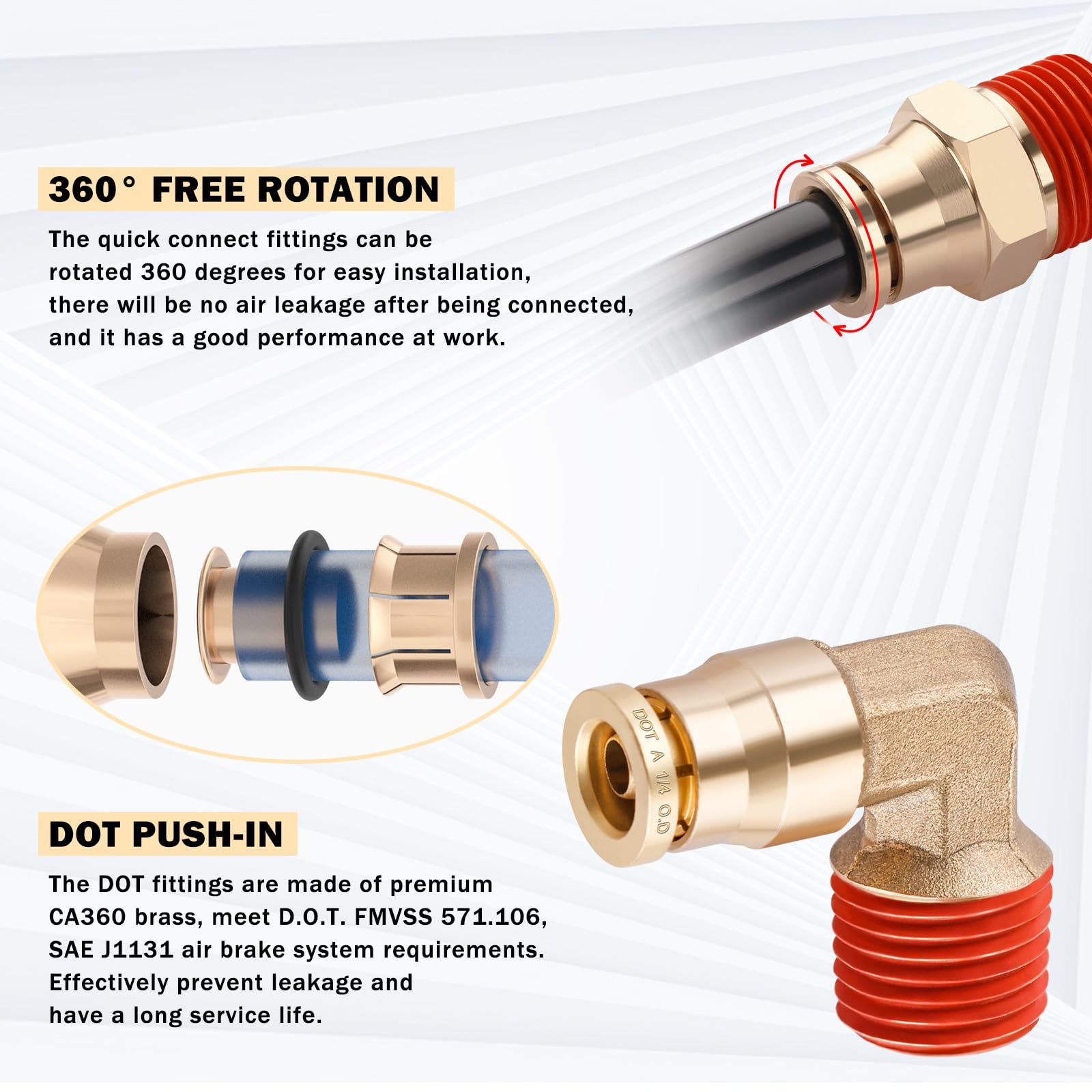 Cheemuii 12 Pcs 1/4 Brass Dot Air Fittings With 50 Ft 1/4'' Dot Air Line Kit 15 Meter Pneumatic Tubing With Dot Air Fittings For