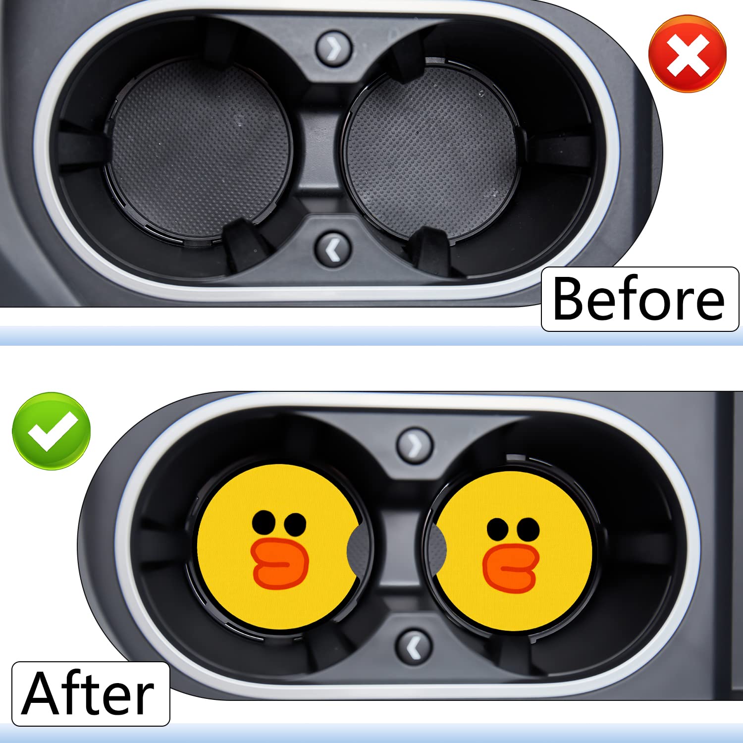 Jupswan Car Cupholder Coaster Absorbent 2 Pack Cute Fun Cartoon Funny Yellow Duck Face Design Rubber New Automotive Cup Holder Decal Decor Accessories For Women Men Dz103