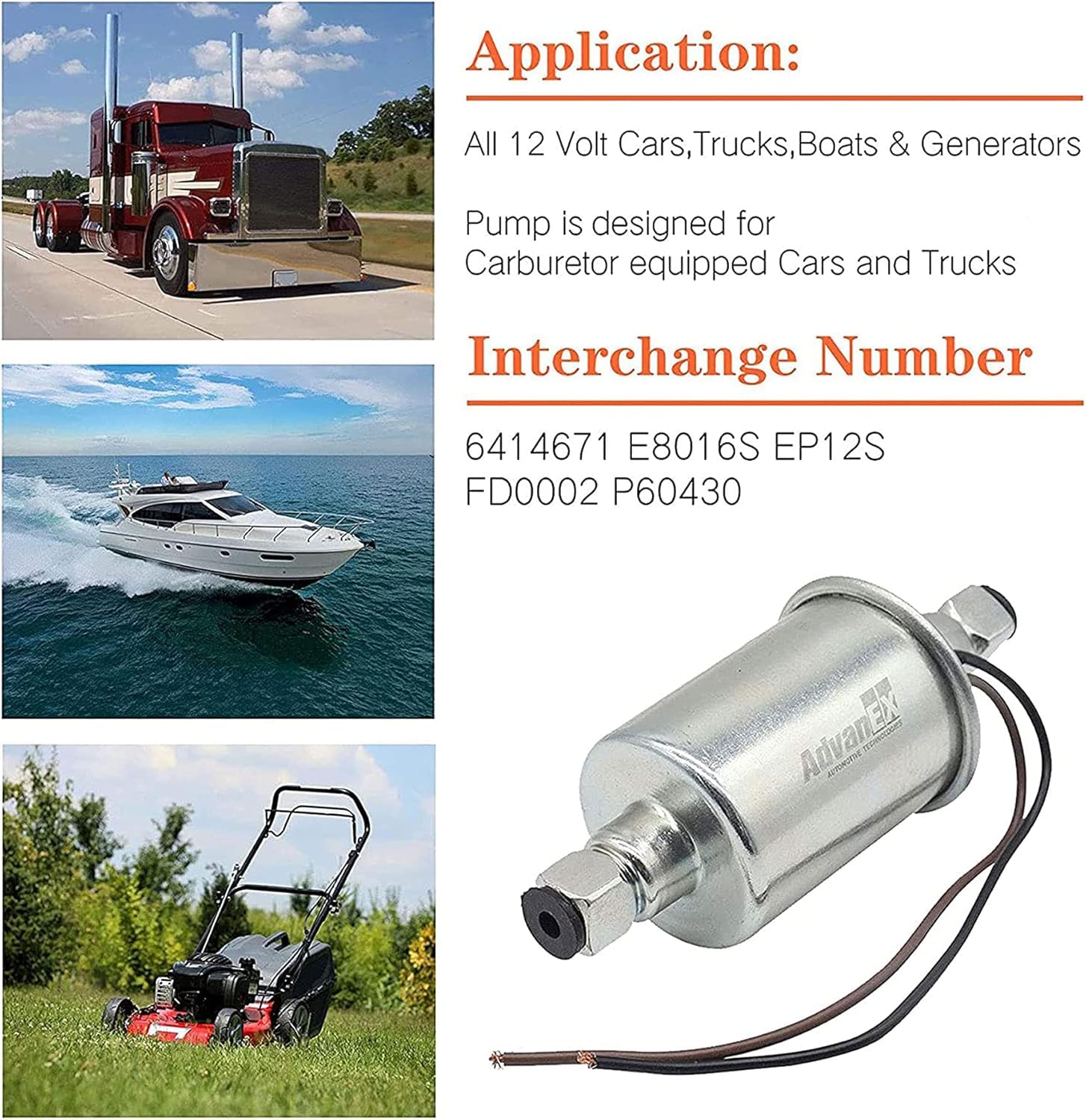 Advanex Universal Electric Fuel Pump 12V 2.5-4.5Psi Inline External 5/16 Inch Compatiable With Gas Diesel Marine Carburetor Marine E8016S