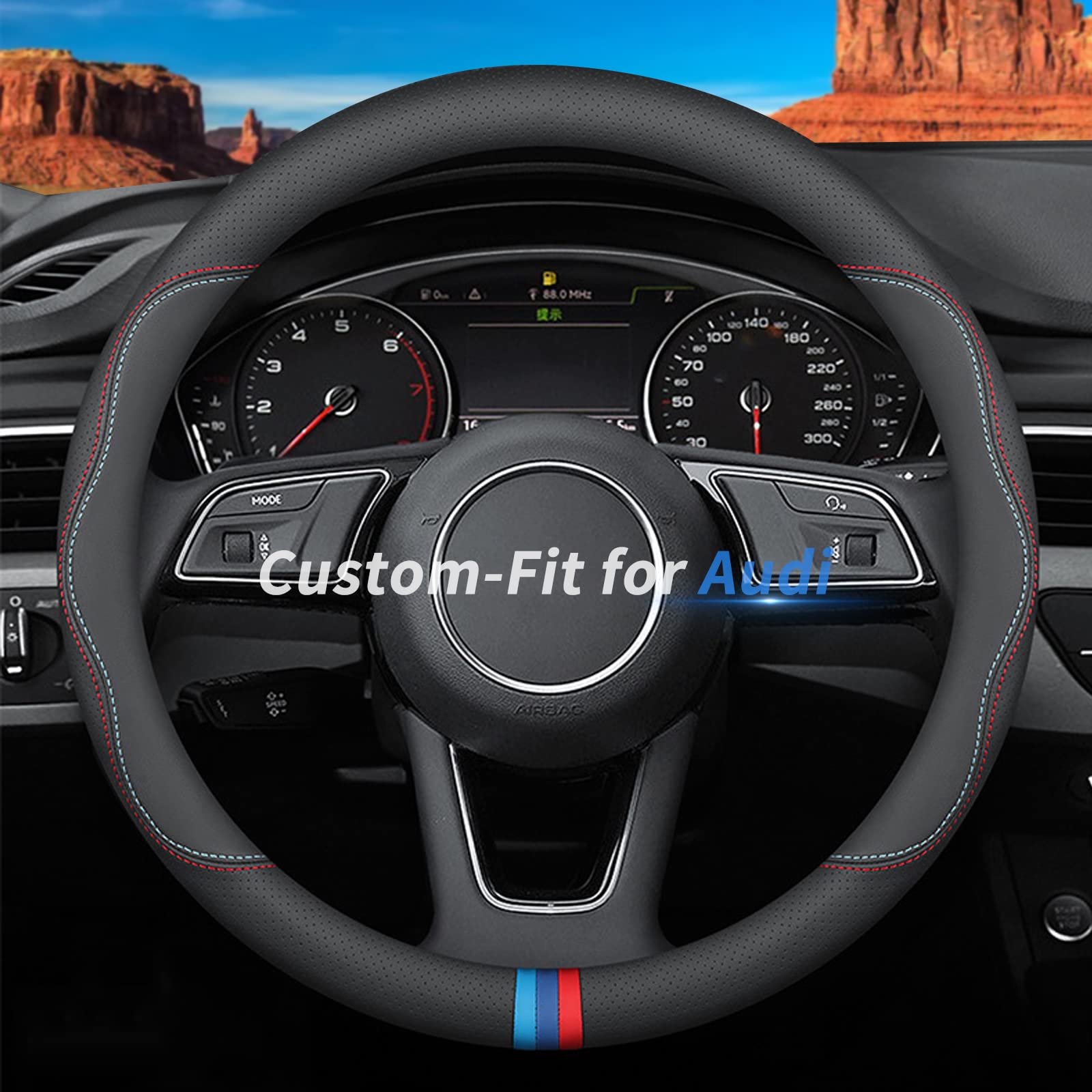 Custom-Fit For Audi Steering Wheel Cover, Premium Leather Car Steering Wheel Cover With Logo, Non-Slip, Breathable, For Audi Acc