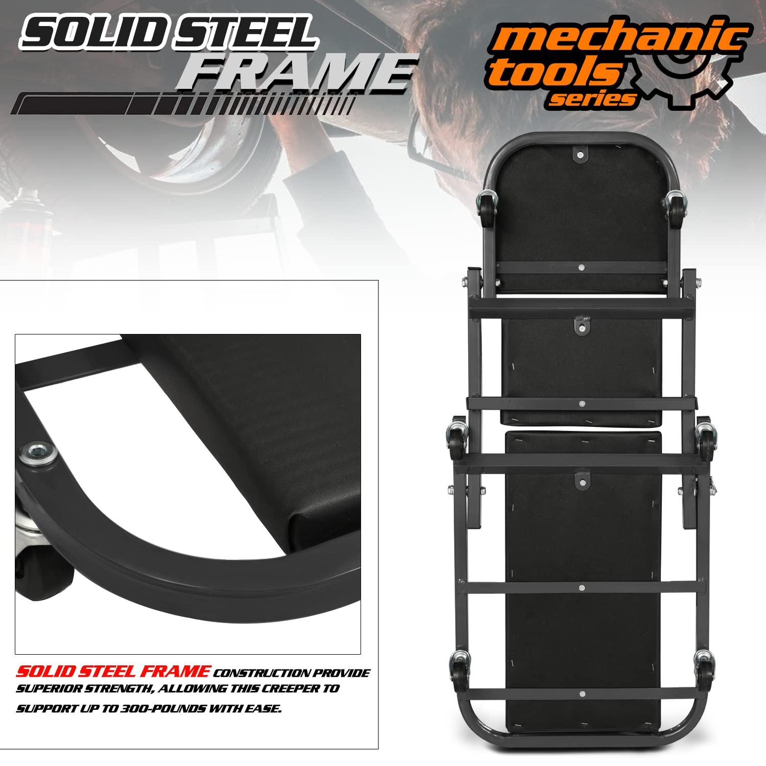 M-AUTO 40-Inch Folding Creeper Rolling Seat, Adjustable Garage Chair, 330LBS Capacity, Black