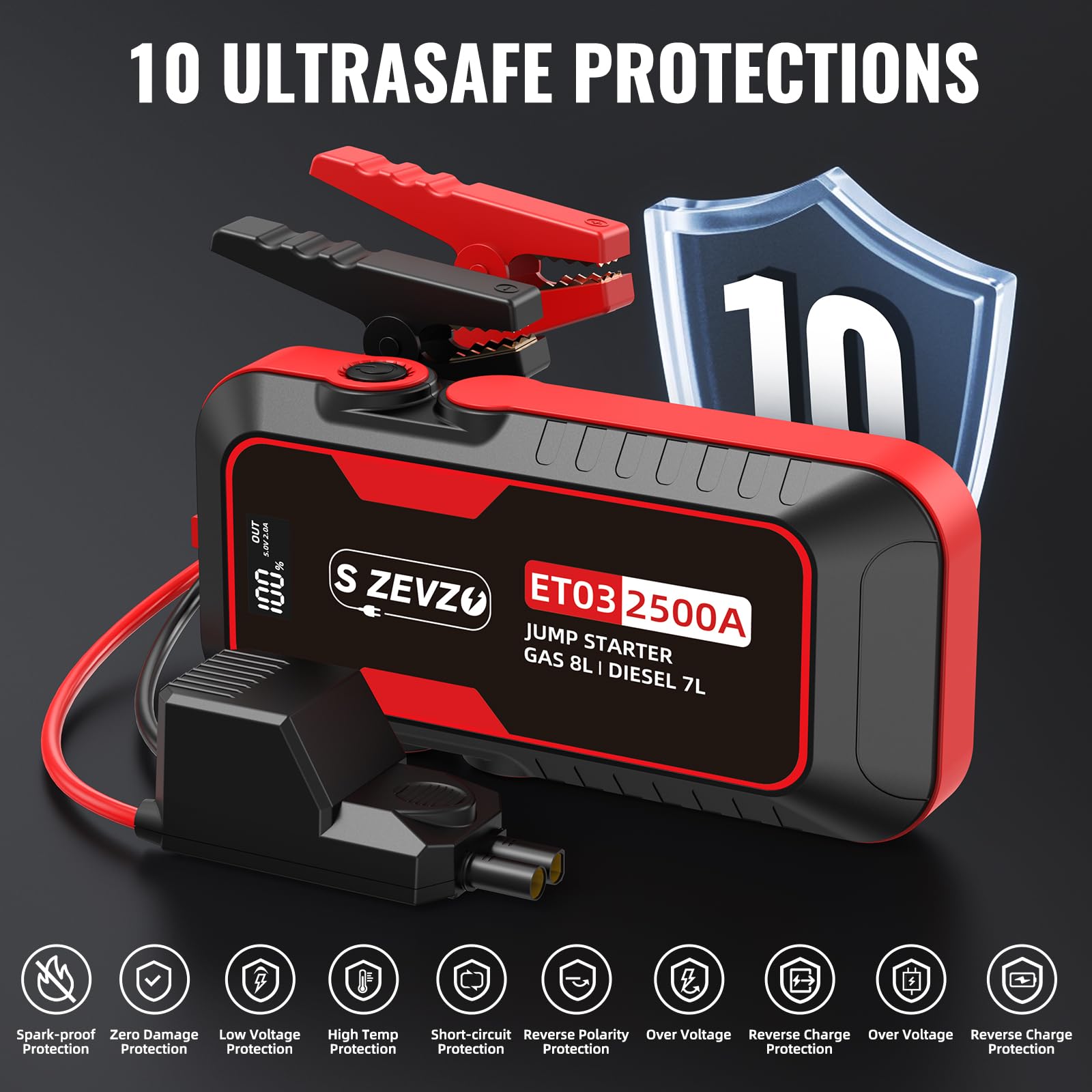 S ZEVZO ET03 Car Jump Starter 2500A for 8.0L Gas & 7.0L Diesel, Red, Portable 12V with USB Ports, LCD Display &