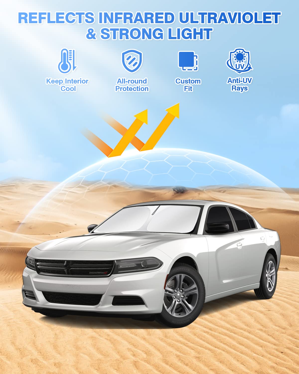 Canvcle Windshield Sun Shade for 2011-2024 Dodge Charger, Black Polyester, 6PCS, Side & Rear Window Cover, Privacy Shield
