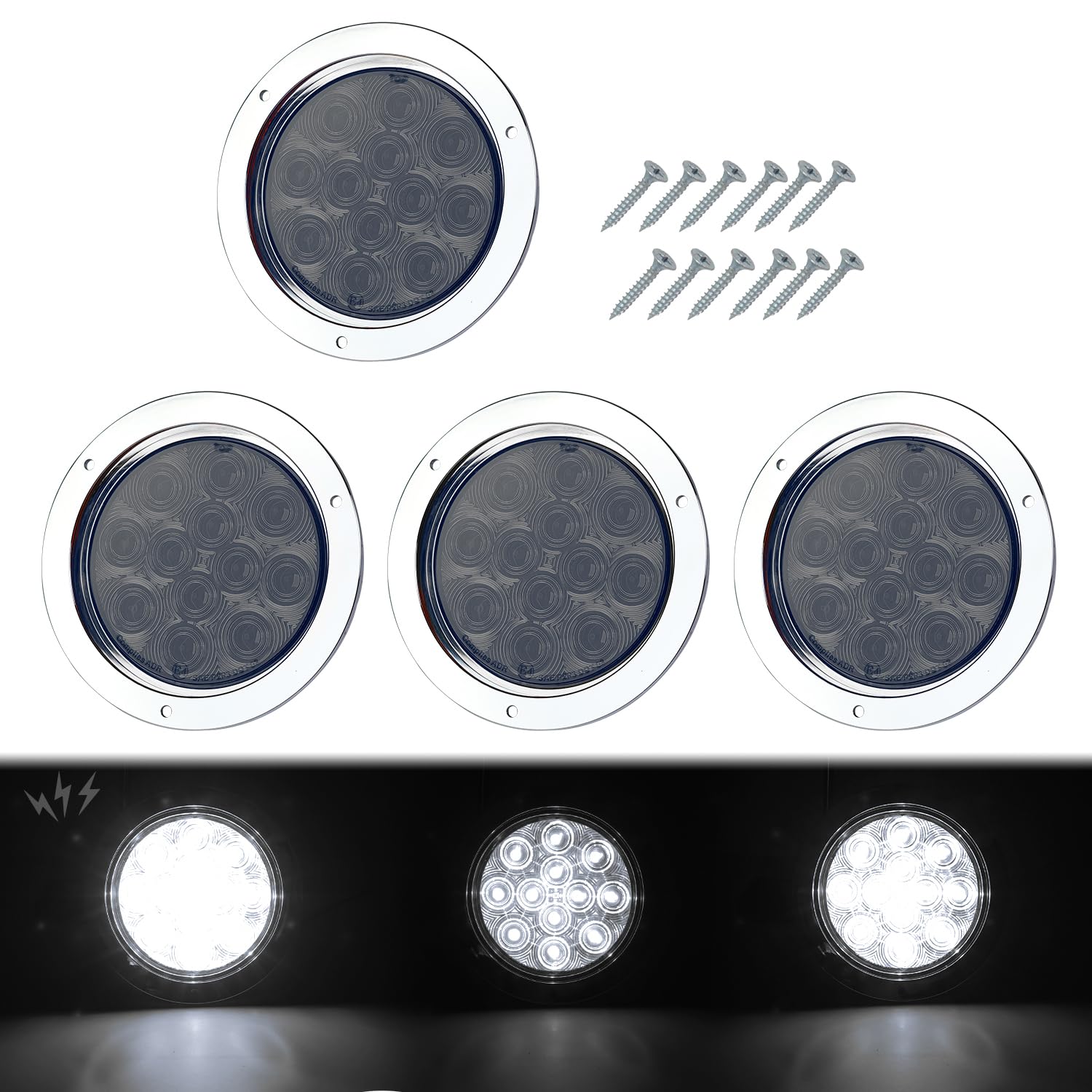 TMH (4 Pack 4 Inch Smoked Lens White LED Strobe Trailer Tail Lights, 12 LED Flush Mount, Chrome Bezel, Waterproof, Solid & Flash