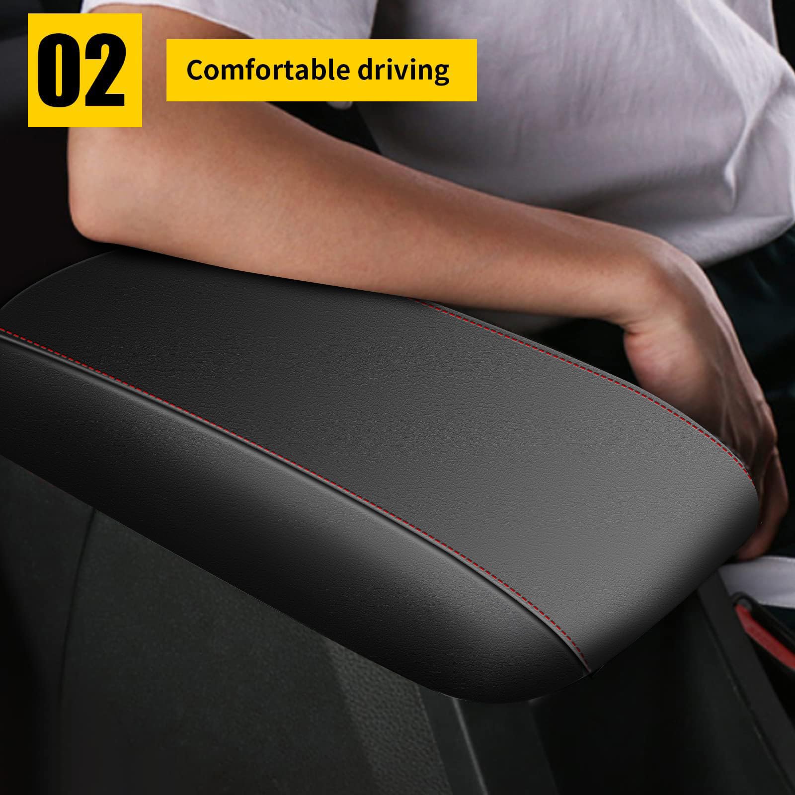 AOMSAZTO Leather Armrest Cushion for 2015-2019 Hyundai Sonata - Black with Red Stitches