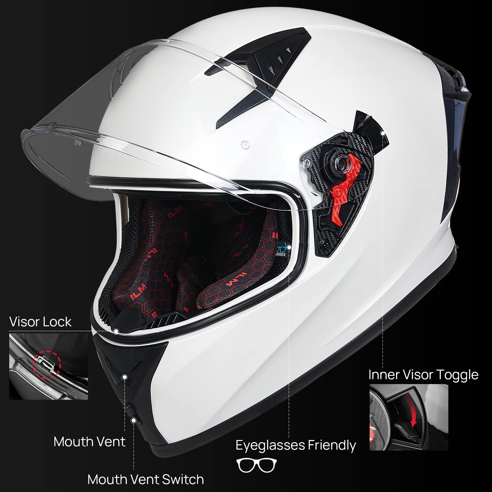 ILM Full Face Motorcycle Helmet, DOT Approved, EPS, Clear & Tinted Visors, Large, White, Model Z501
