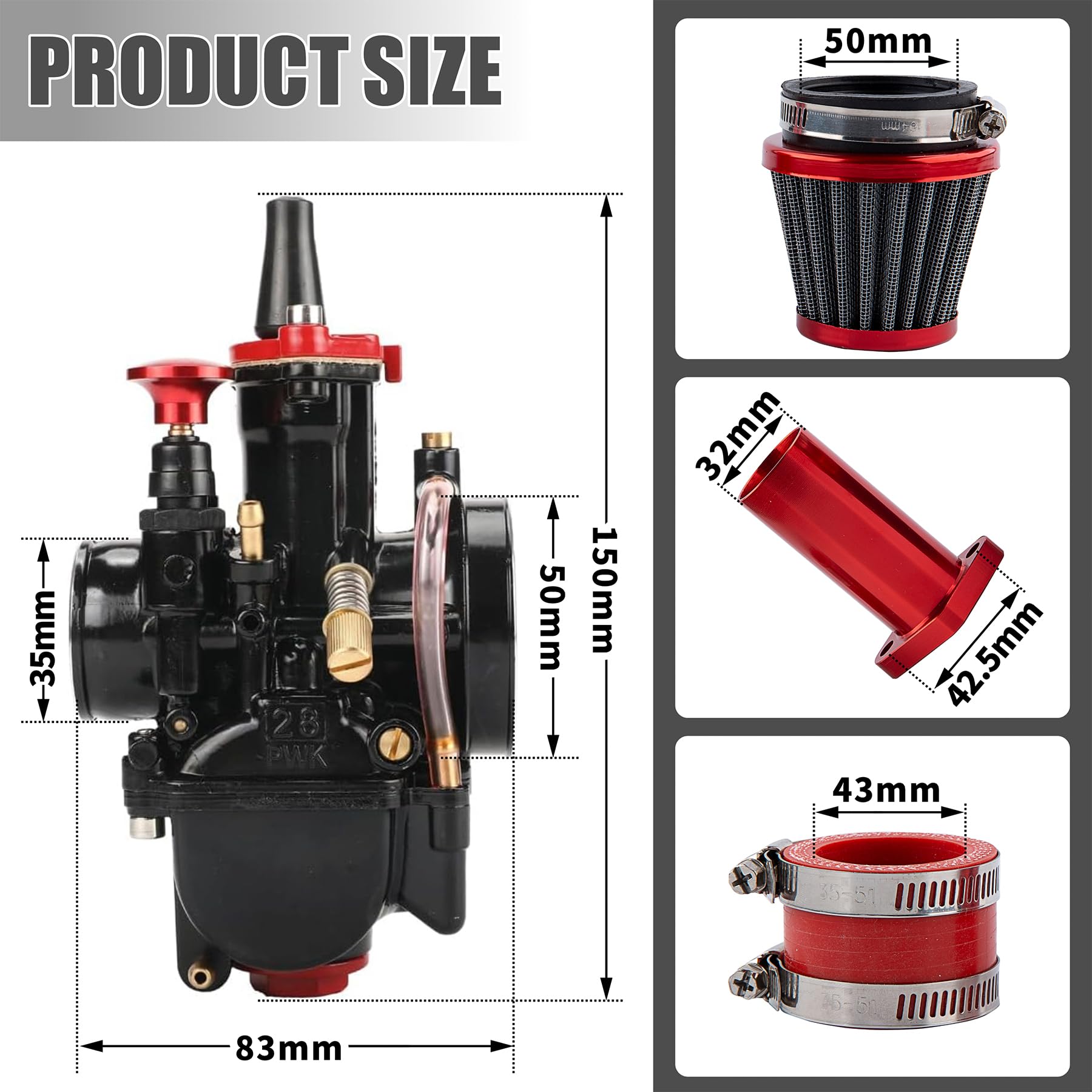 QXBER PWK28mm Carburetor Kit for Predator 212, Coleman 196cc/212cc, Includes Intake Manifold & 48mm Air Filter, Red 212 Kit