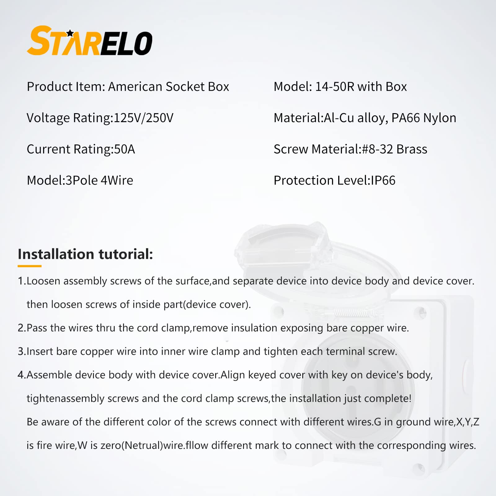 STARELO NEMA 14-50R Outlet Box, 50Amp RV Power, Outdoor Weatherproof, Grey, Model 0471450