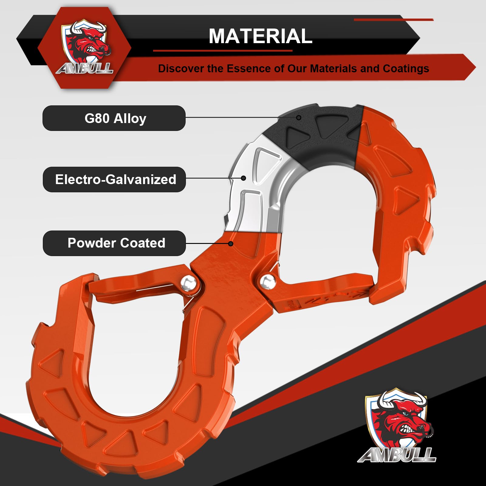 AMBULL 3/8 Tow Hook - G80 Heavy Duty Winch Hook, 33000 Lbs Capacity, Orange, Model S-HOOK, Ideal for Off-Road Recovery and Towing