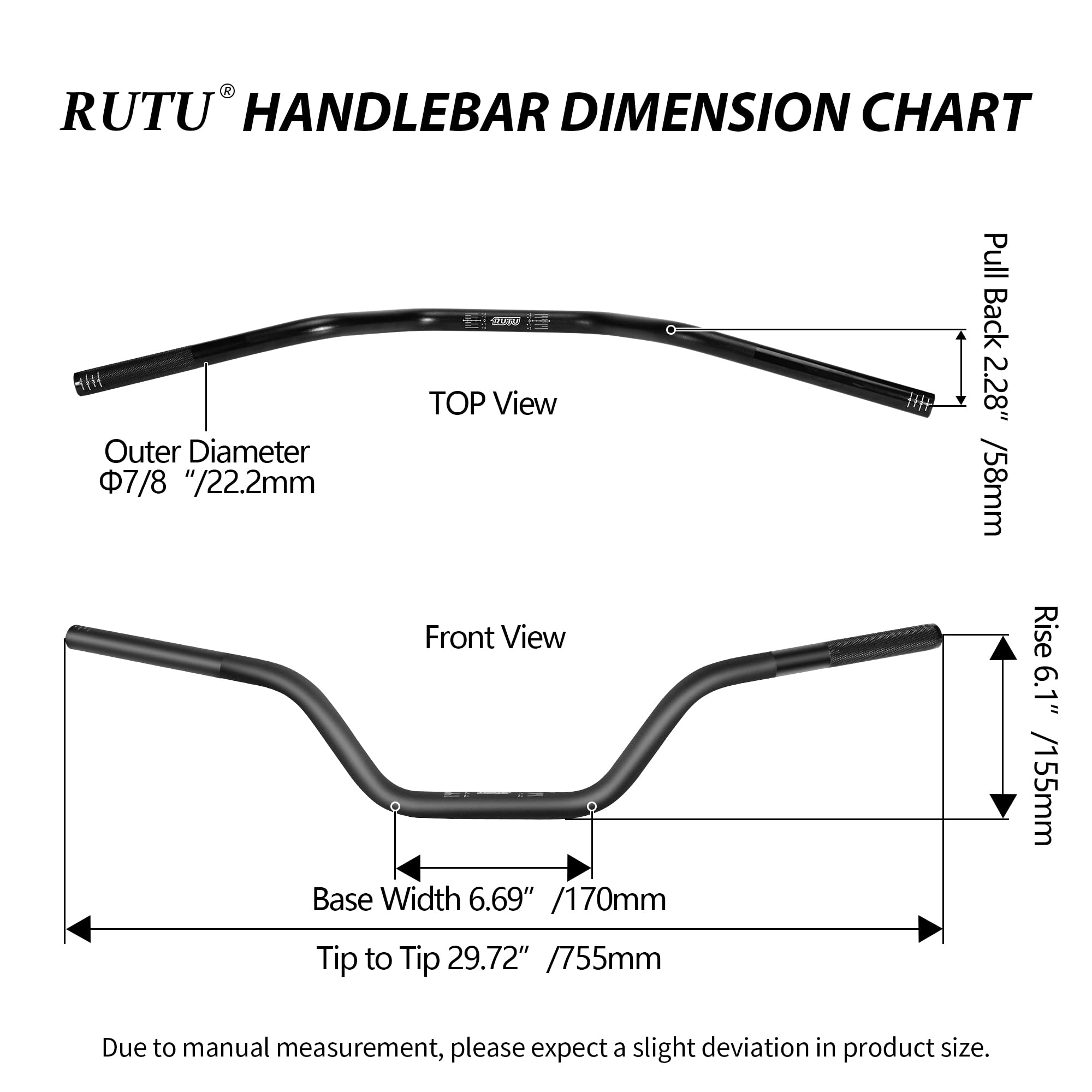 RUTU 7/8" Dirt Bike Handlebars - Aluminum, Black, Compatible with CRF YZF KXF RMZ DRZ ATVs, Foam Pad, Heat Treated HRC