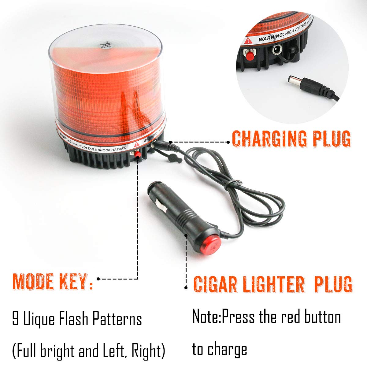 LE-JX Amber Wireless Rotating Beacon Light, 12V Magnetic Base, Rechargeable, 18 LED, Model LJX-52036