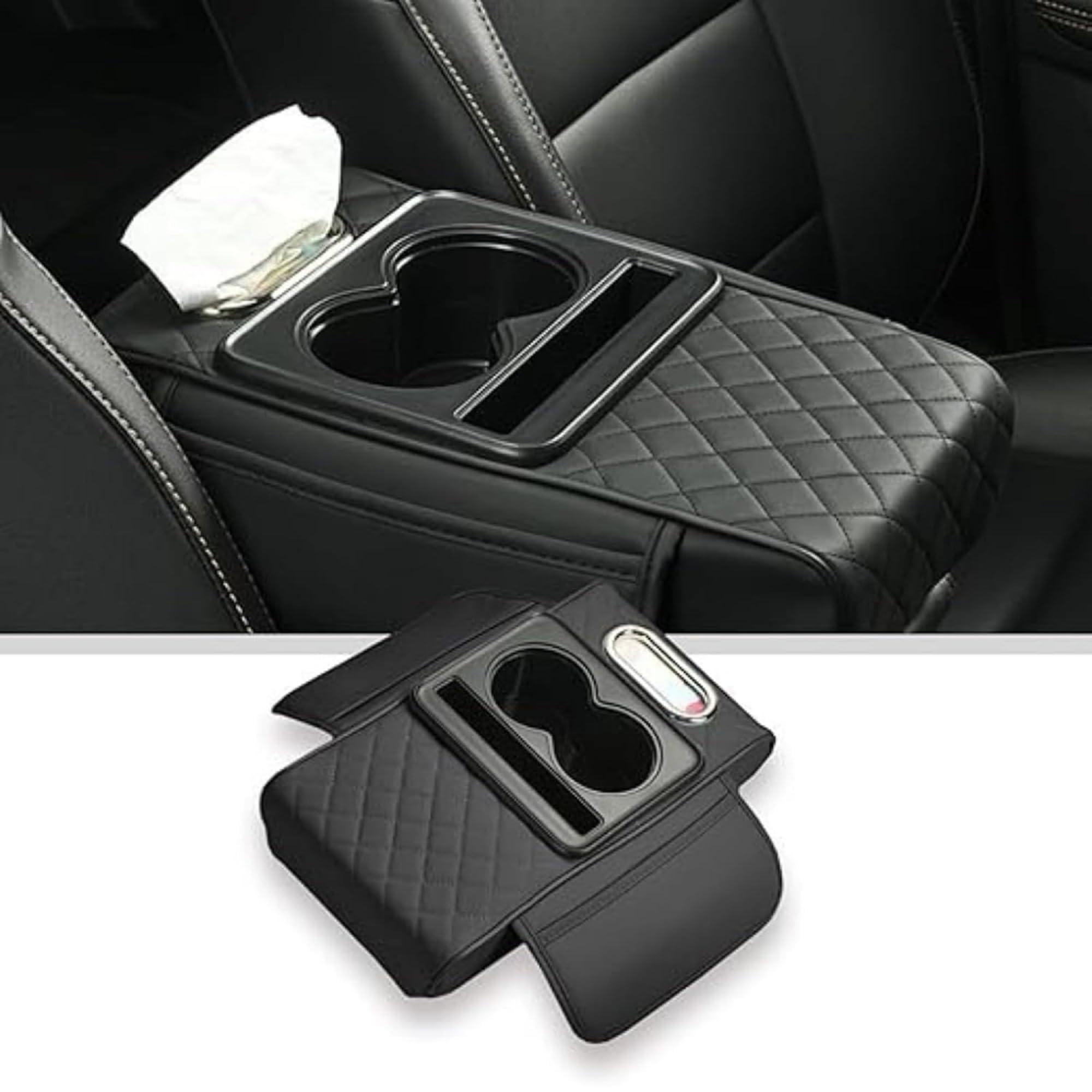 5 in 1 Car Seat Armrest Organizer with Cup Holder, Tissue Box Slot, Zipper Storage Pocket, MultiCompartment Car Seat Gap Organi