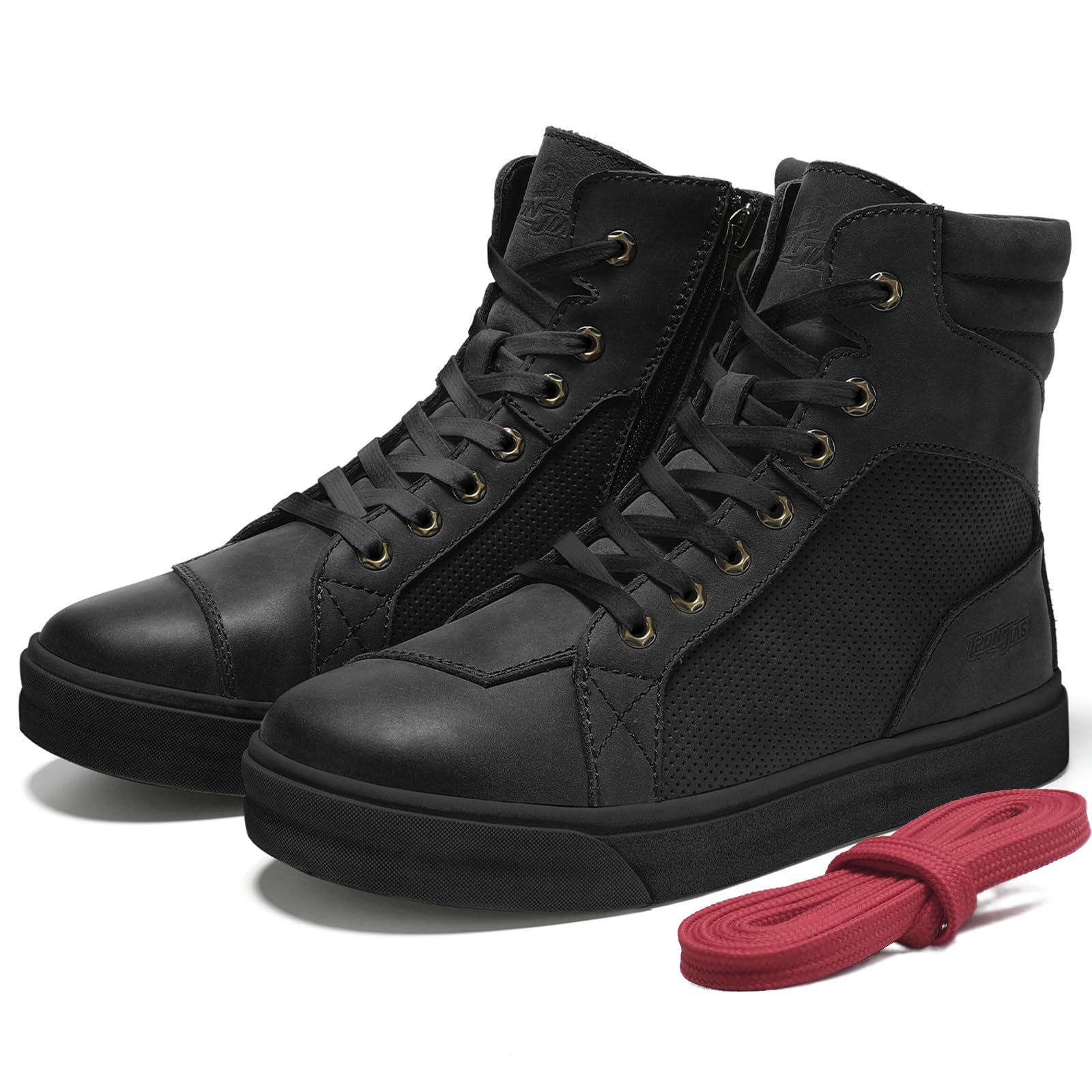 BORLEN Motorcycle Riding Shoes Cowhide Leather Breathable Casual Outdoor Street Motorcycle Boots for Men Black 8