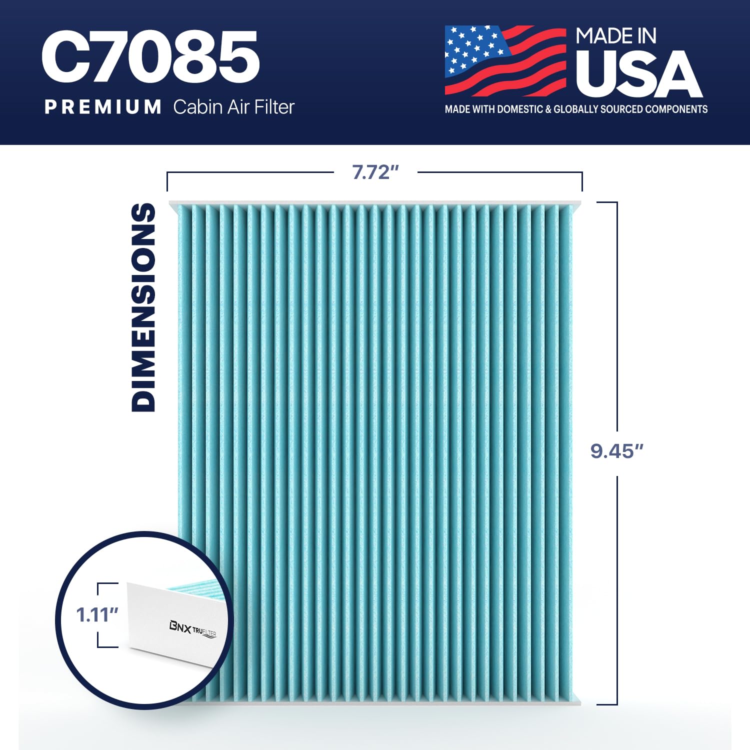 Bnx Trufilter C7085 Cabin Air Filter, Hepa 99.97%, Made In Usa, Compatible With Hyundai: Accent, Elantra, Elantra Gt; Kia: Forte