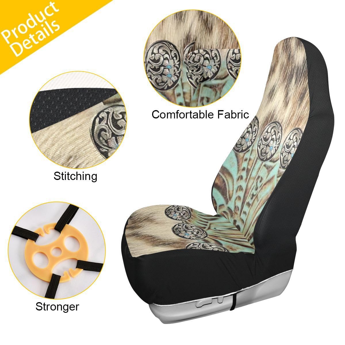 LONSANT Western Car Seat Covers Set of 2, Teal & Rustic Brown, Polyester, 18.8"x51.9", Universal Fit for Cars & Trucks