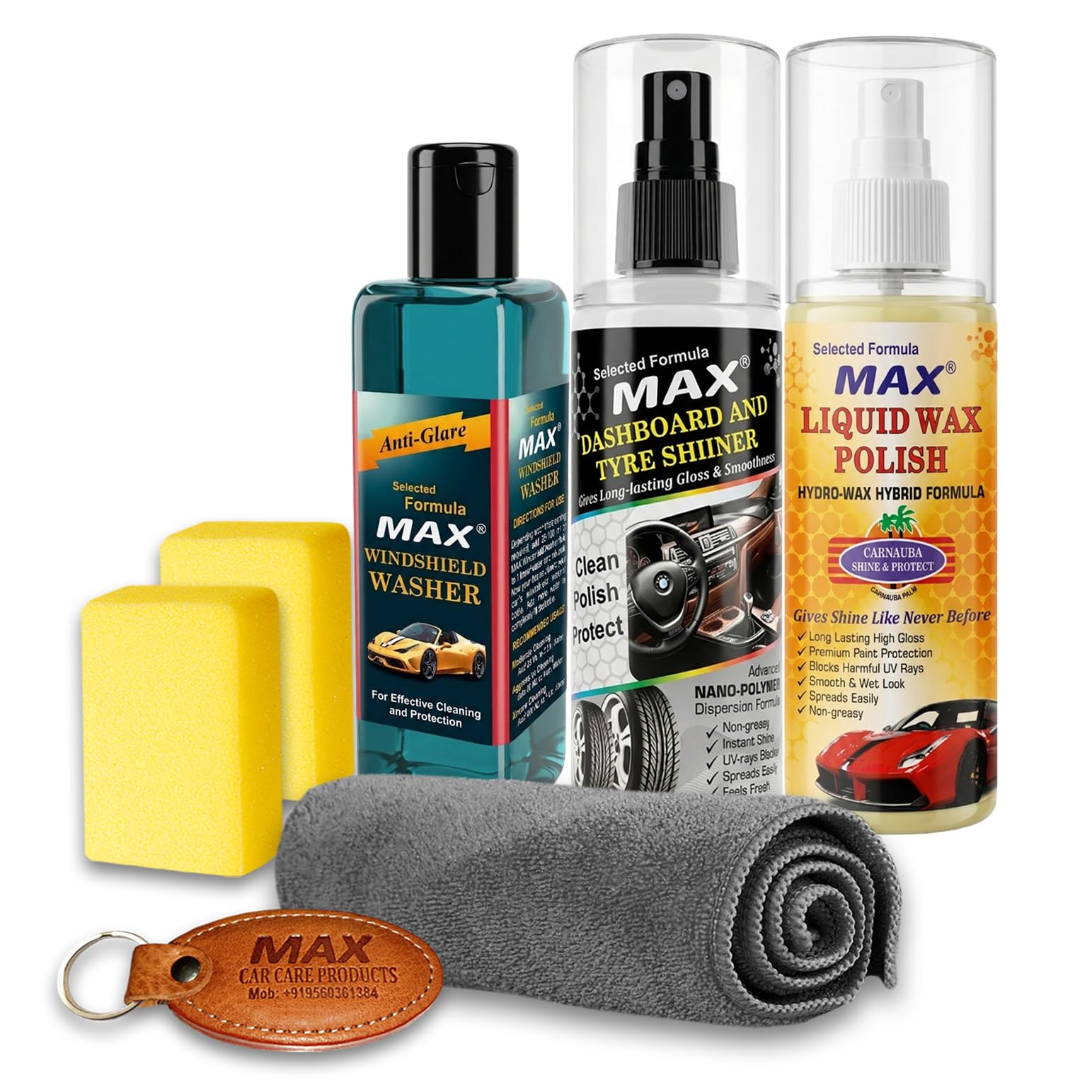 MAX Classic Car Clean & Wax Kit (Pack of 7 Pcs)  Contains 200 ML Each of Dashboard  Tyre Shiner, Liquid Wax Polish, Windshield