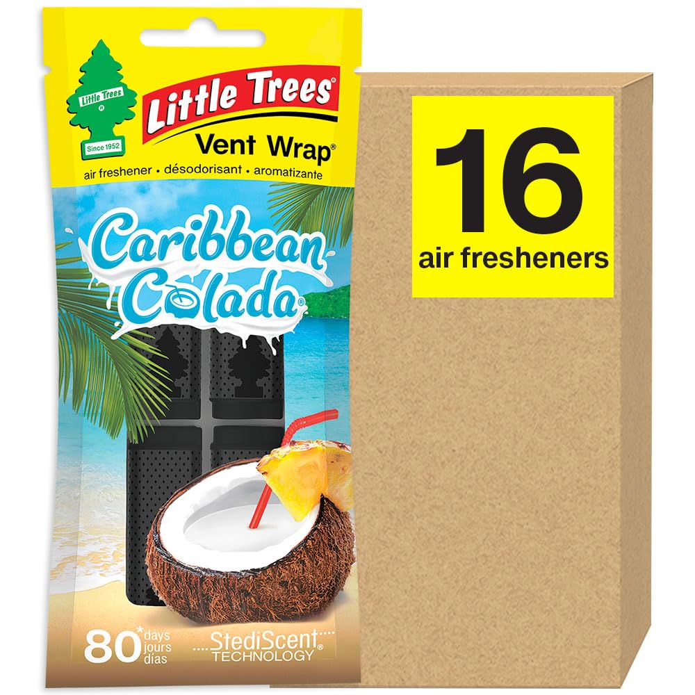 Little Trees Car Air Freshener. Vent Wrap Provides Long-Lasting Scent, Slip On Vent Blade. Caribbean Colada, 16 Air Fresheners, 