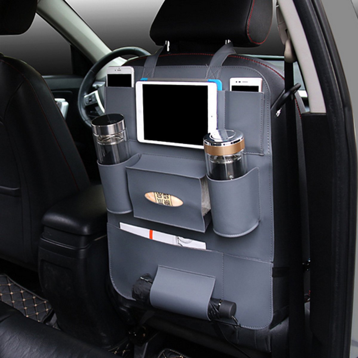 Spedy MultiFunctional PU Leather Car Back Seat Storage Bag Multi Pocket Phone Cup Holder Organizer  Grey