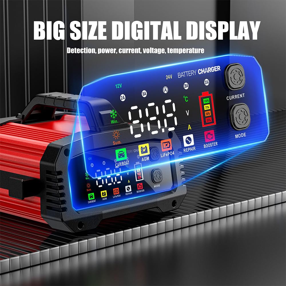 YONHAN 8 Amp Smart Car Battery Charger - 12V/24V, LCD Screen, Pulse Repair, Fireproof ABS, Red & Black, Model zyx-J30, Compact Size