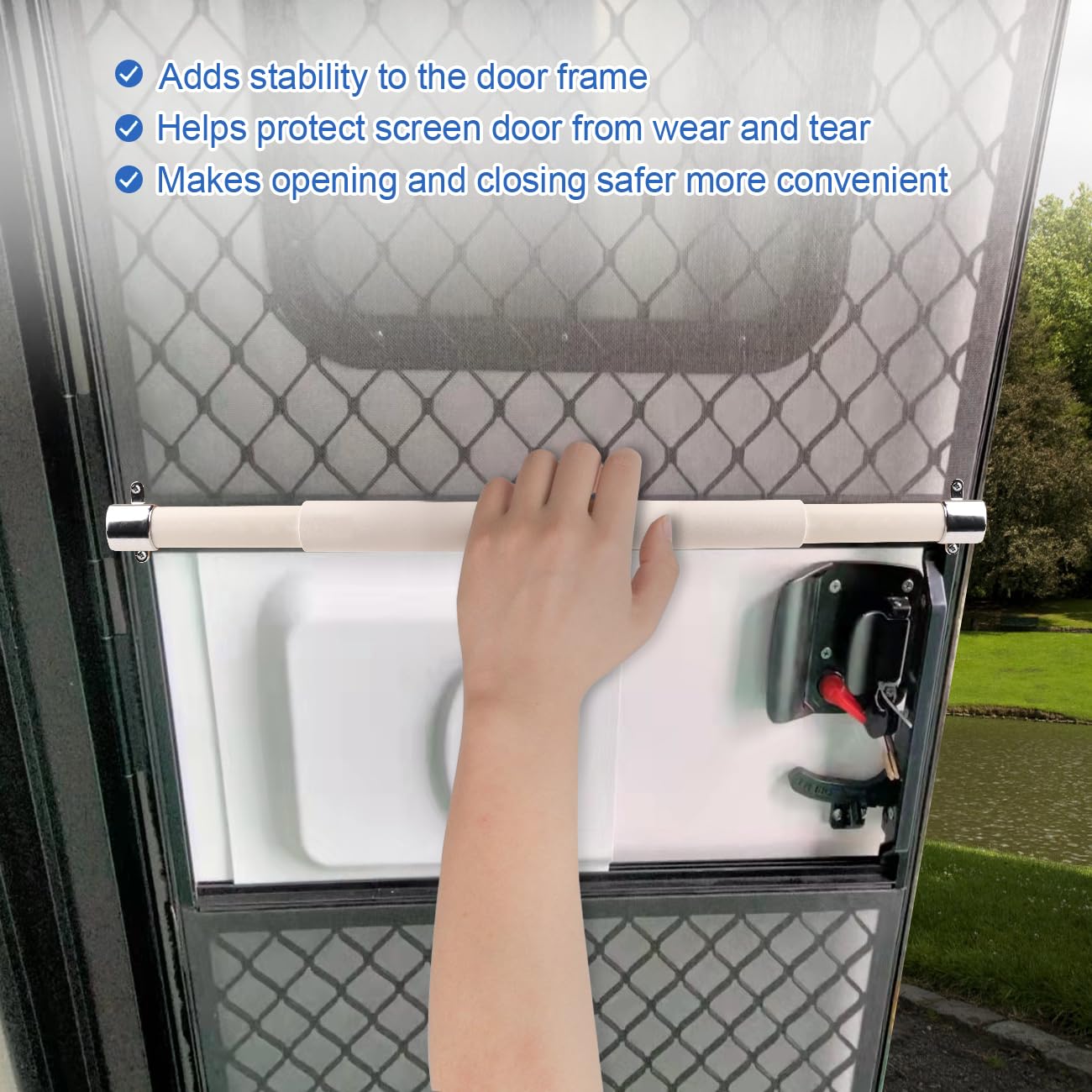 Safoner RV Screen Door Support Bar Handle - Adjustable 21.5"-32", White, Zinc Alloy Base, Model rv screen door bar-002