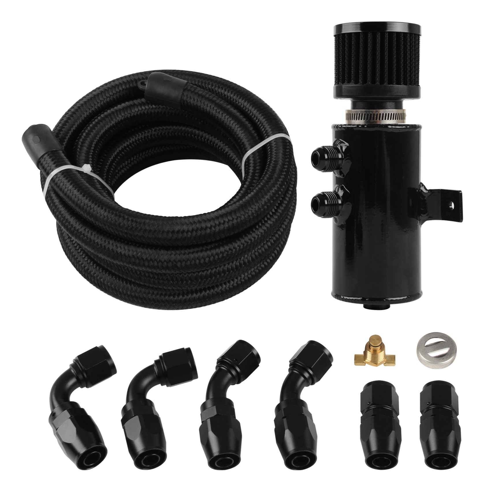 10AN Baffled Oil Catch Can Breather Can with Drain Valve 750ML Bundle and 10FT 10AN Fuel Line Fitting Kit Nylon Braided CPE Oil 