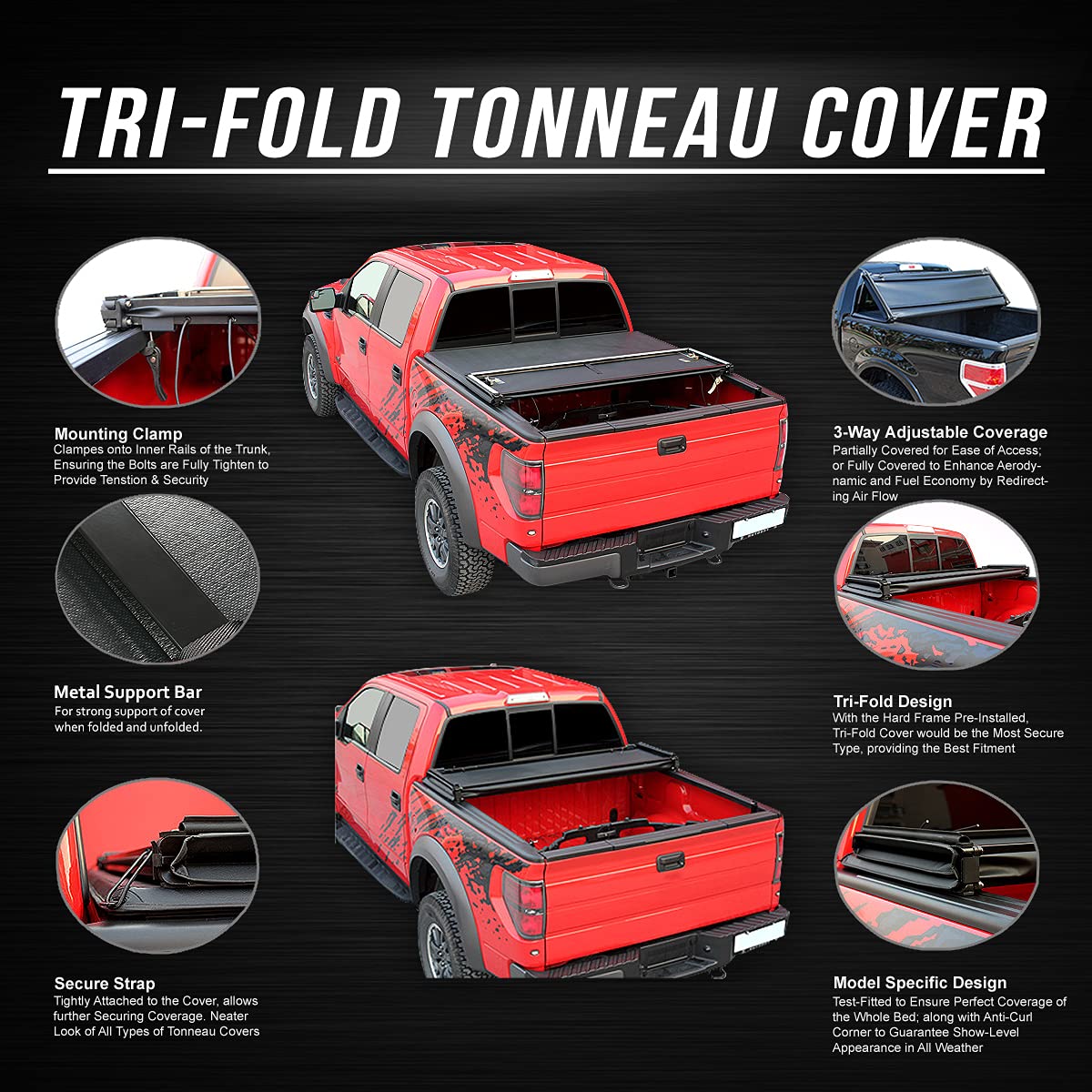 Dna Motoring Truck Bed Soft Tri-Fold Adjustable Tonneau Cover Compatible With 09-18 Ram 1500 8Ft Fleetside/Styleside Bed, Ttc-Tr