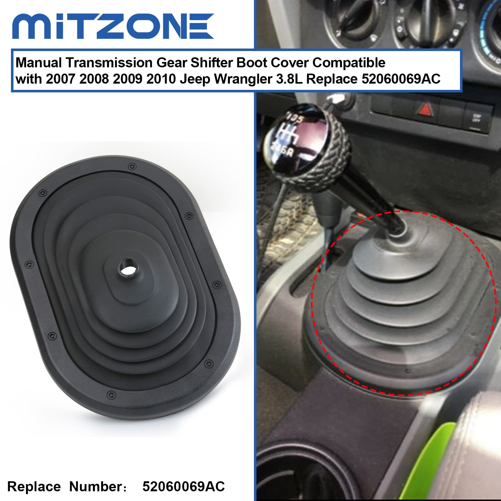 MITZONE Manual Transmission Gear Shifter Boot Cover for Jeep Wrangler JK 2007-2010, Black, Model 080-001, Replace 52060069AC
