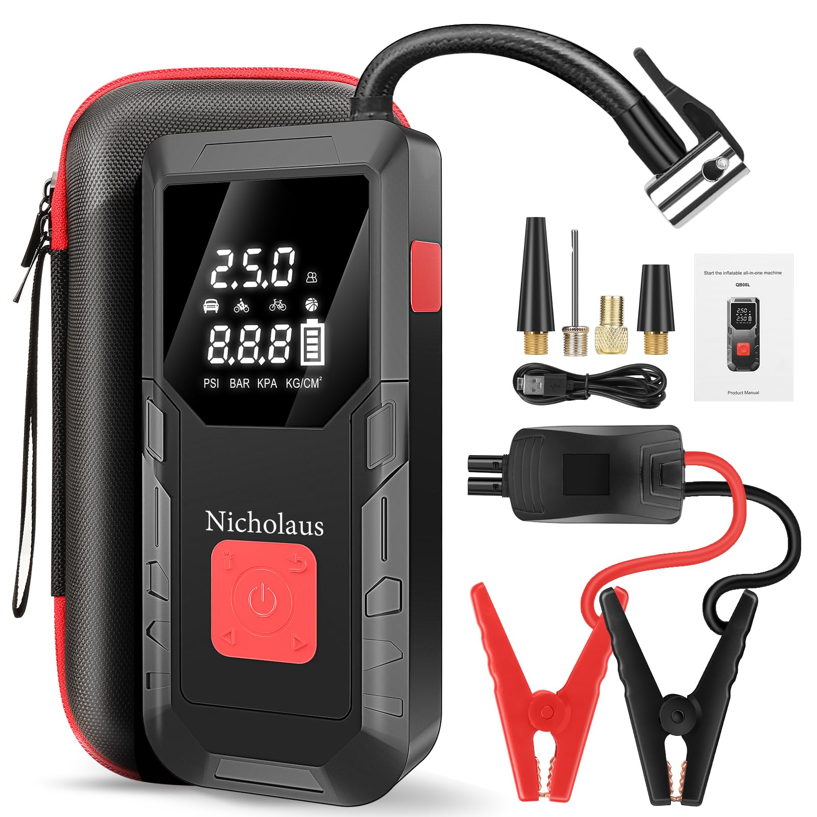Nicholaus 12 V Car 8000 mAh Battery Jump Starter 2800A with 150psI Air Compressor, Compact and Practical Edition QB08L Safe Smar