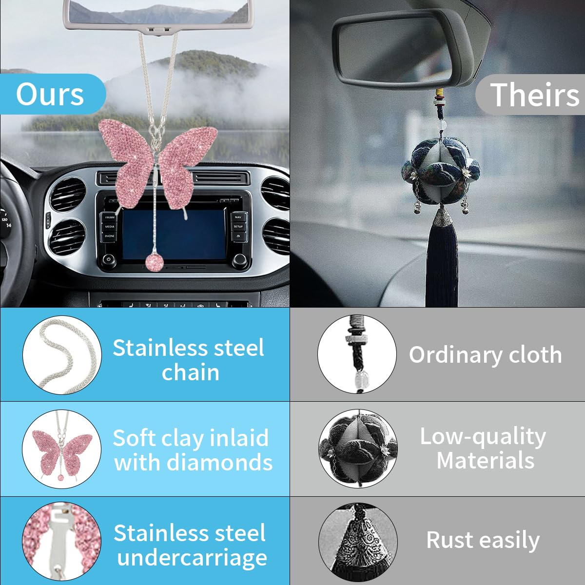 Bling Butterfly Diamond Car Hanging Accessories, Crystal Car Rear View Mirror Charms Car Decorative Accessories For Women, Lucky