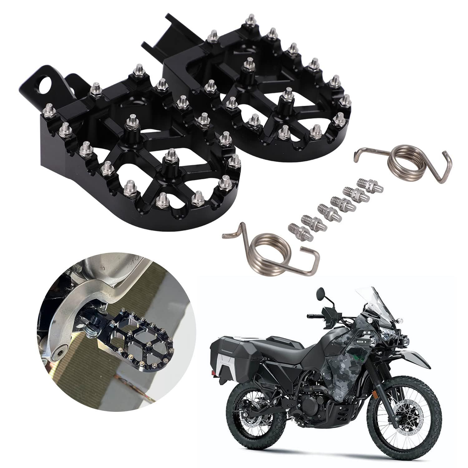 JFG RACING Motorcycle FootPegs Foot Pegs Pedals Rests CNC for KLR 650 KLR650 1987-2018 2021-2024 Vstrom 650 Vstrom 1000 Black