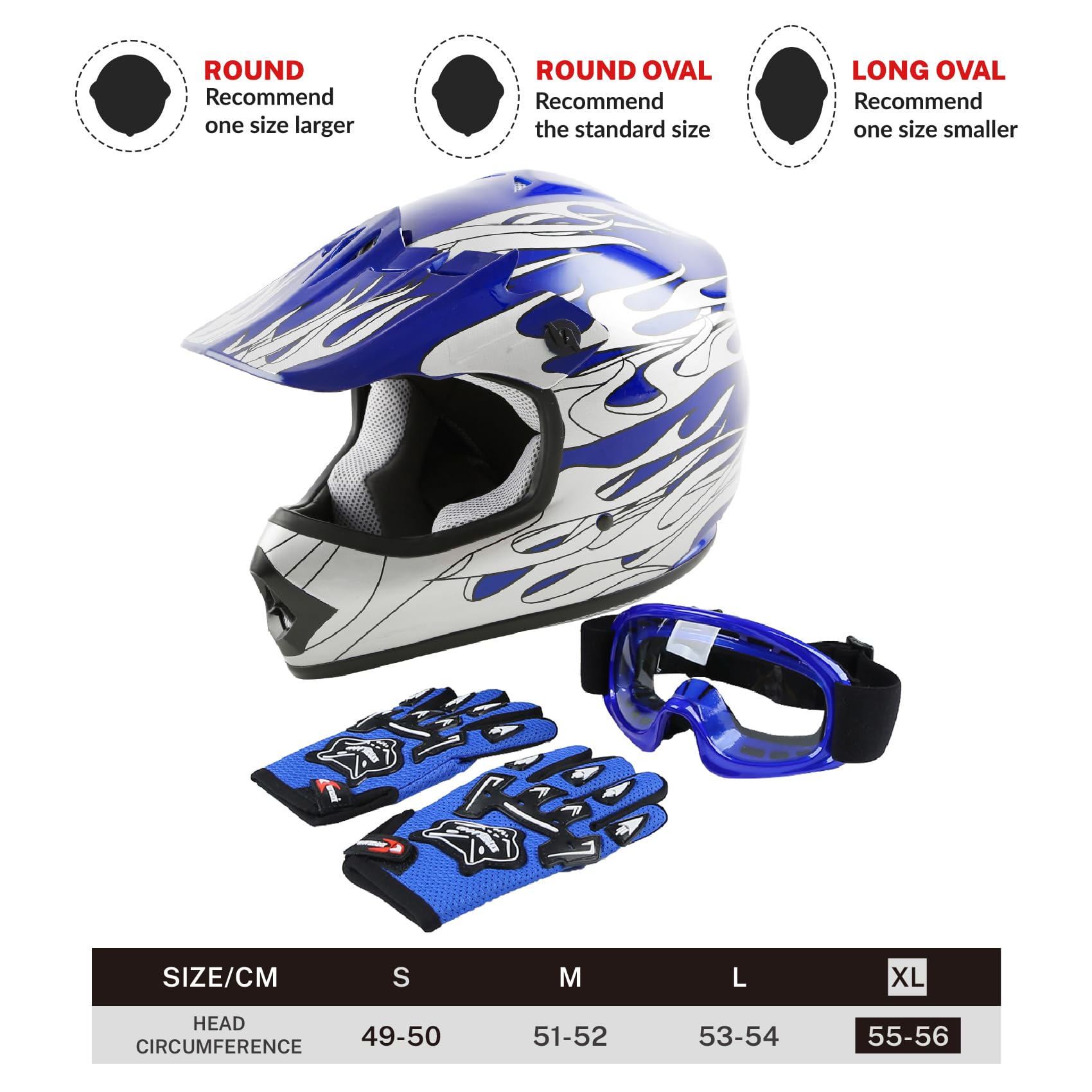 Slmoto Dot Approved Youth Kids Helmet Offroad Street Motorcycle Helmet Dirt Bike Motocross Atv Blue Flame Helmet+Goggles+Gloves,