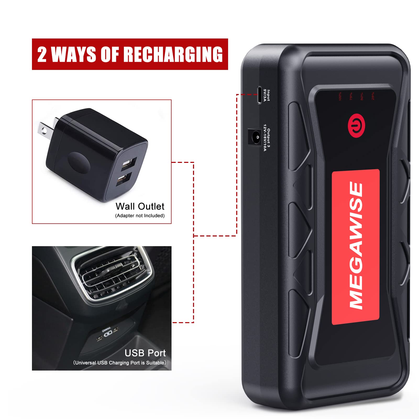 MEGAWISE 2500A Peak Car Battery Jump Starter, 21800mAh, 12V Power Pack, Dual USB Outputs, Red & Black, Model G15P