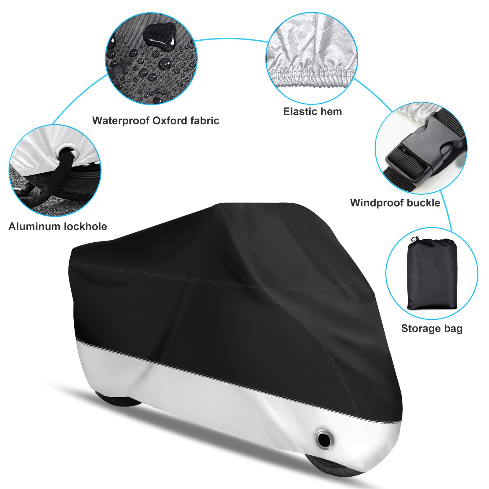 Xyzctem All Season Black Waterproof Sun Motorcycle Cover,Fits Up To 91'' Motors (L Large & Lockholes)
