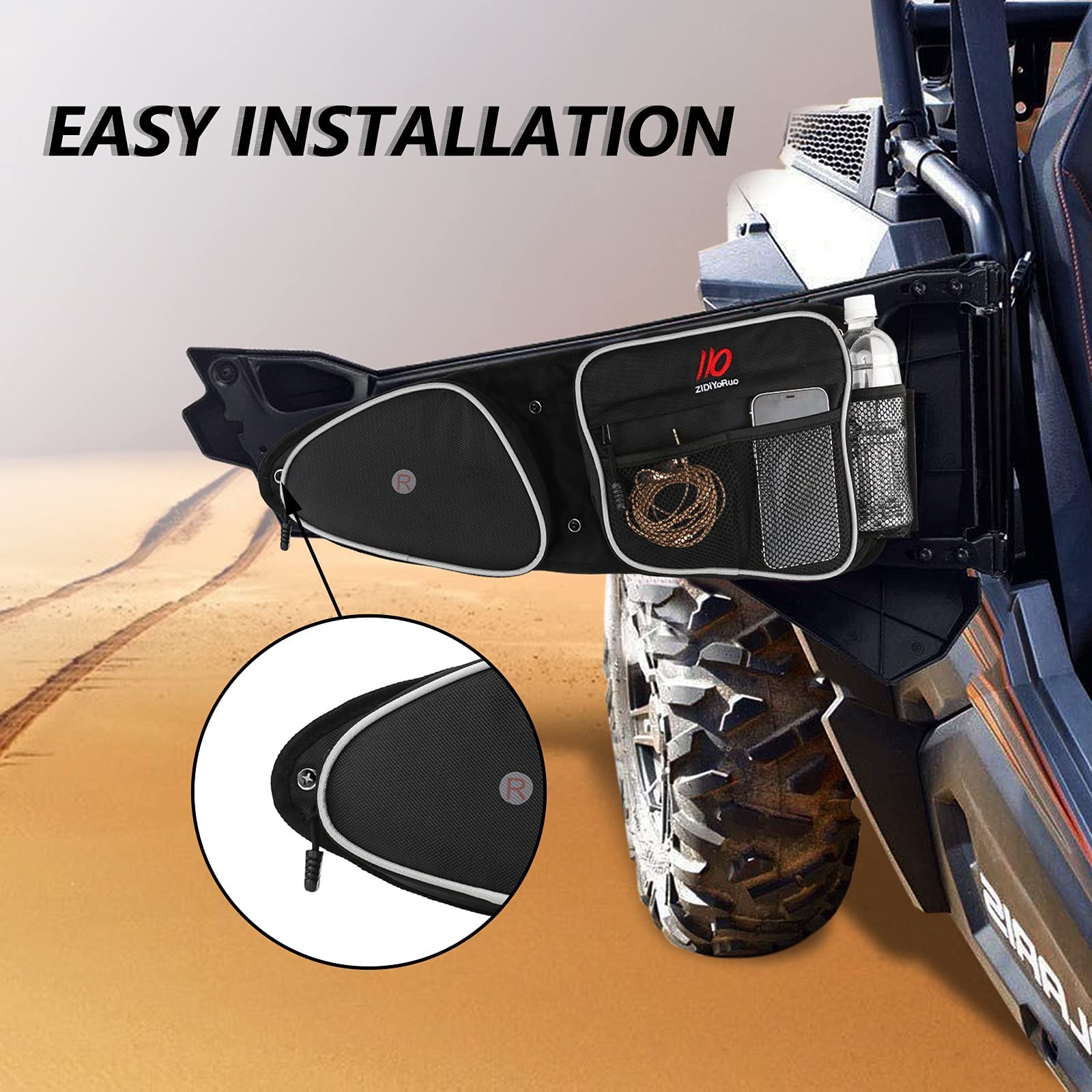 ZIDIYORUO RZR Door Storage Bag Set - Front Bags with Knee Pad & Cup Holder, Compatible with 2014-2021 Polaris RZR XP Turbo, Door Bags