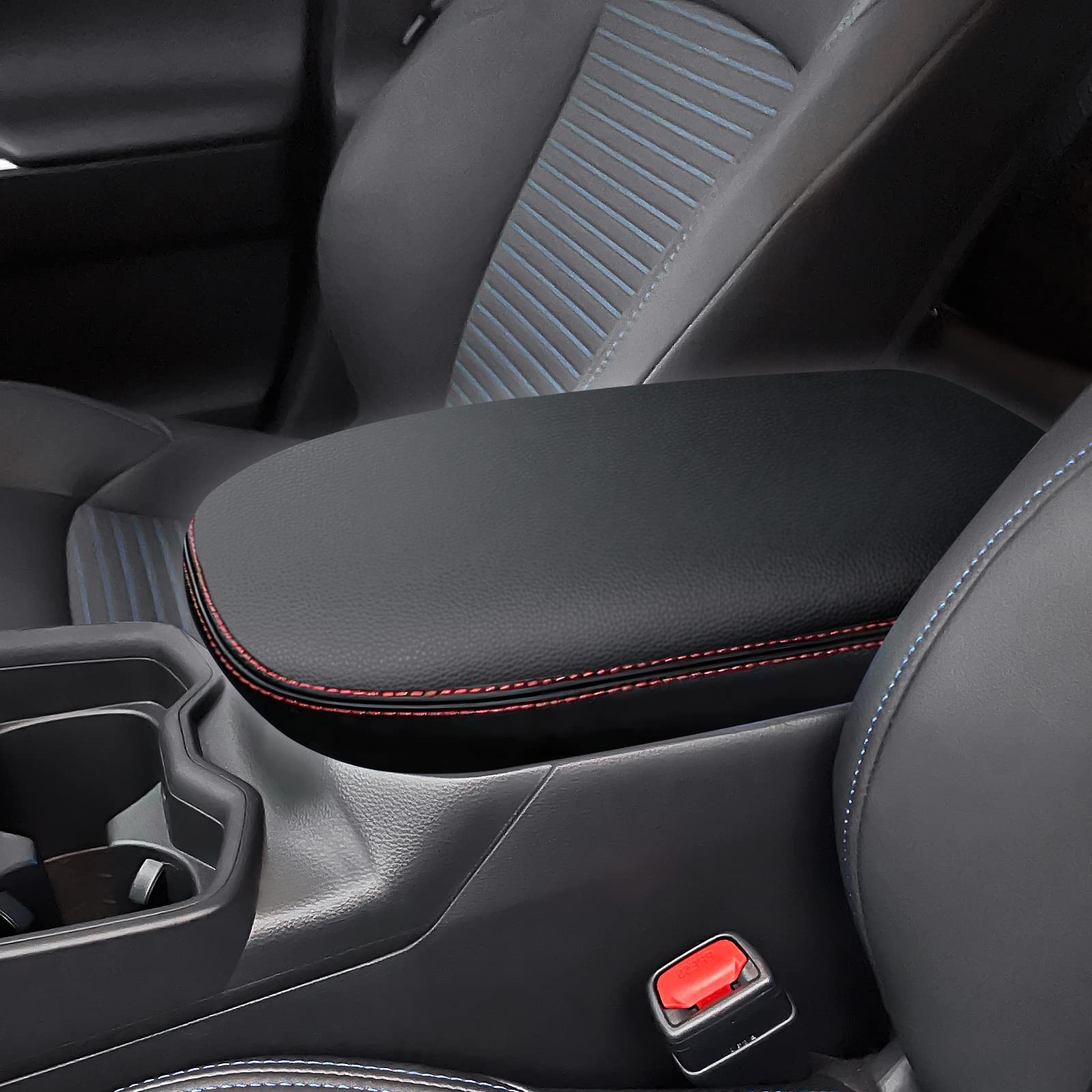 Auprite Center Console Armrest Cover For Toyota Rav4 2019-2023 2024, Auto Armrest Protector Organizer Pad For Rav4 Interior Accessories (Black With Red Stitches)