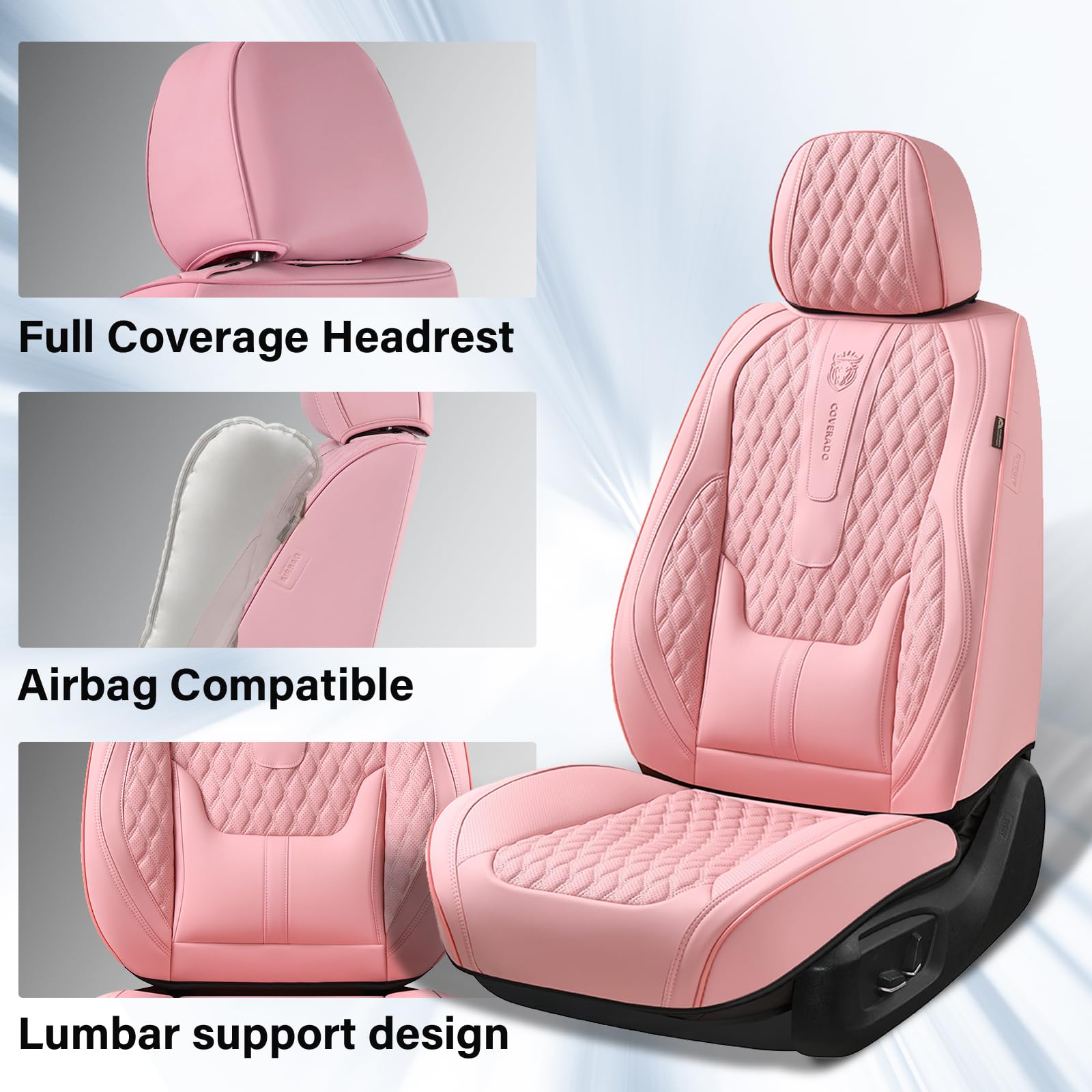 Coverado Pink Leather Seat Covers Full Set, Waterproof with Lumbar Support, Model B8859