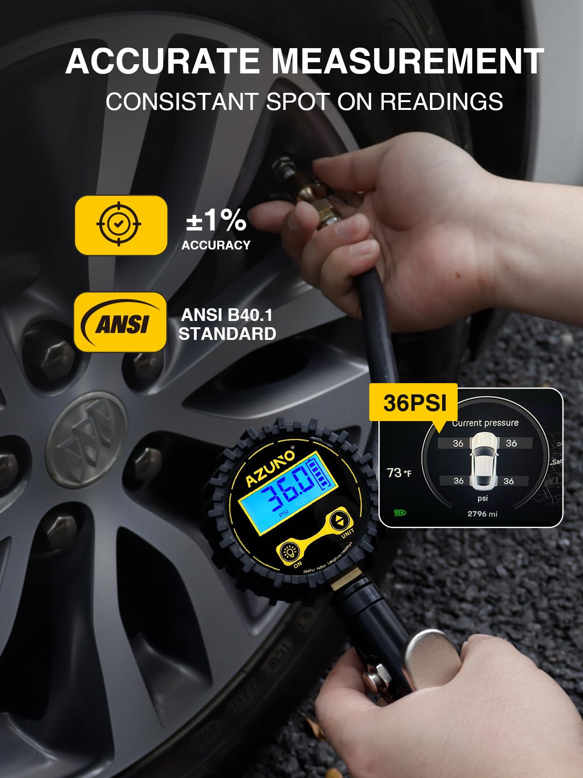Azuno Digital Tire Inflator With Pressure Gauge, 200 Psi, Heavy Duty Air Compressor Accessories, With Rubber Hose Lock On Air Ch