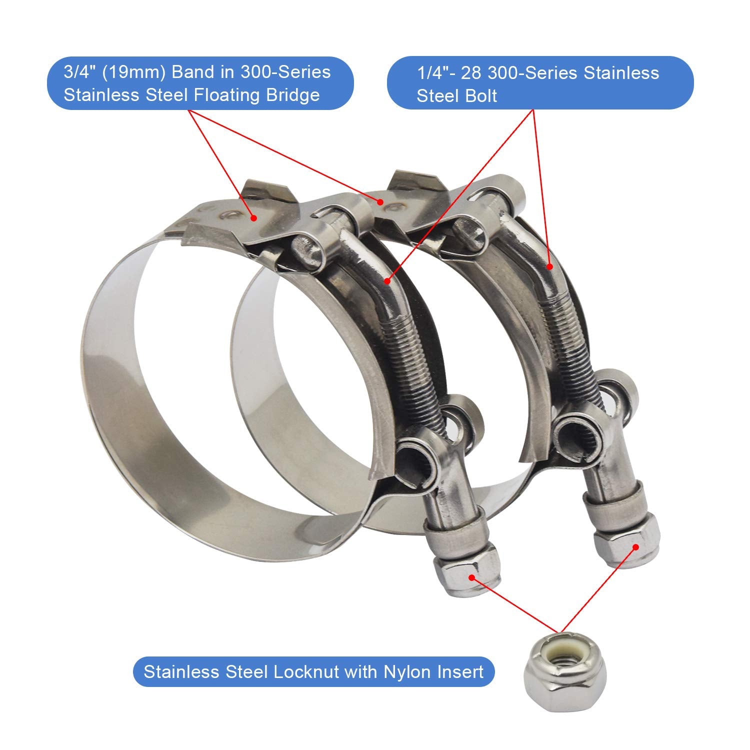 Roadformer 2.5'' T-Bolt Hose Clamp - Working Range 70Mm - 78Mm For 2.5'' Hose Id, Stainless Steel Bolt, Stainless Steel Band Flo
