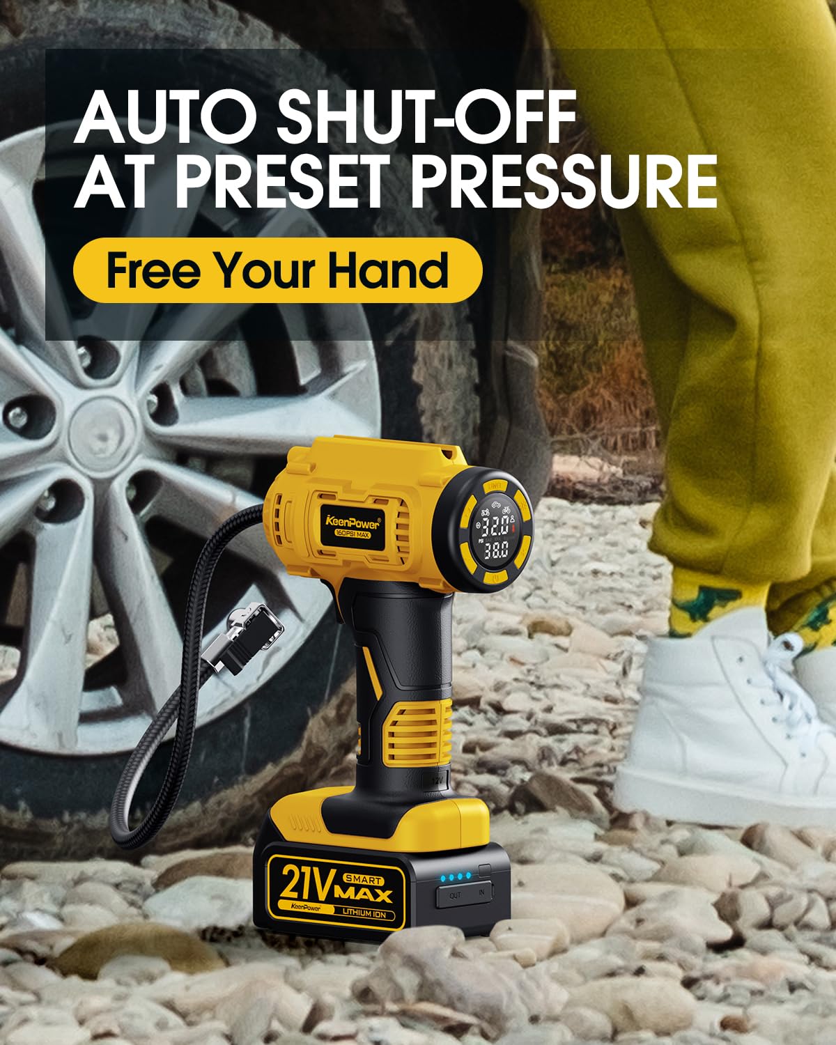 KeenPower Cordless Tire Inflator Portable Air Compressor, 160PSI Car Tire Air Pump, 21V Rechargeable Battery Powered Air Compres