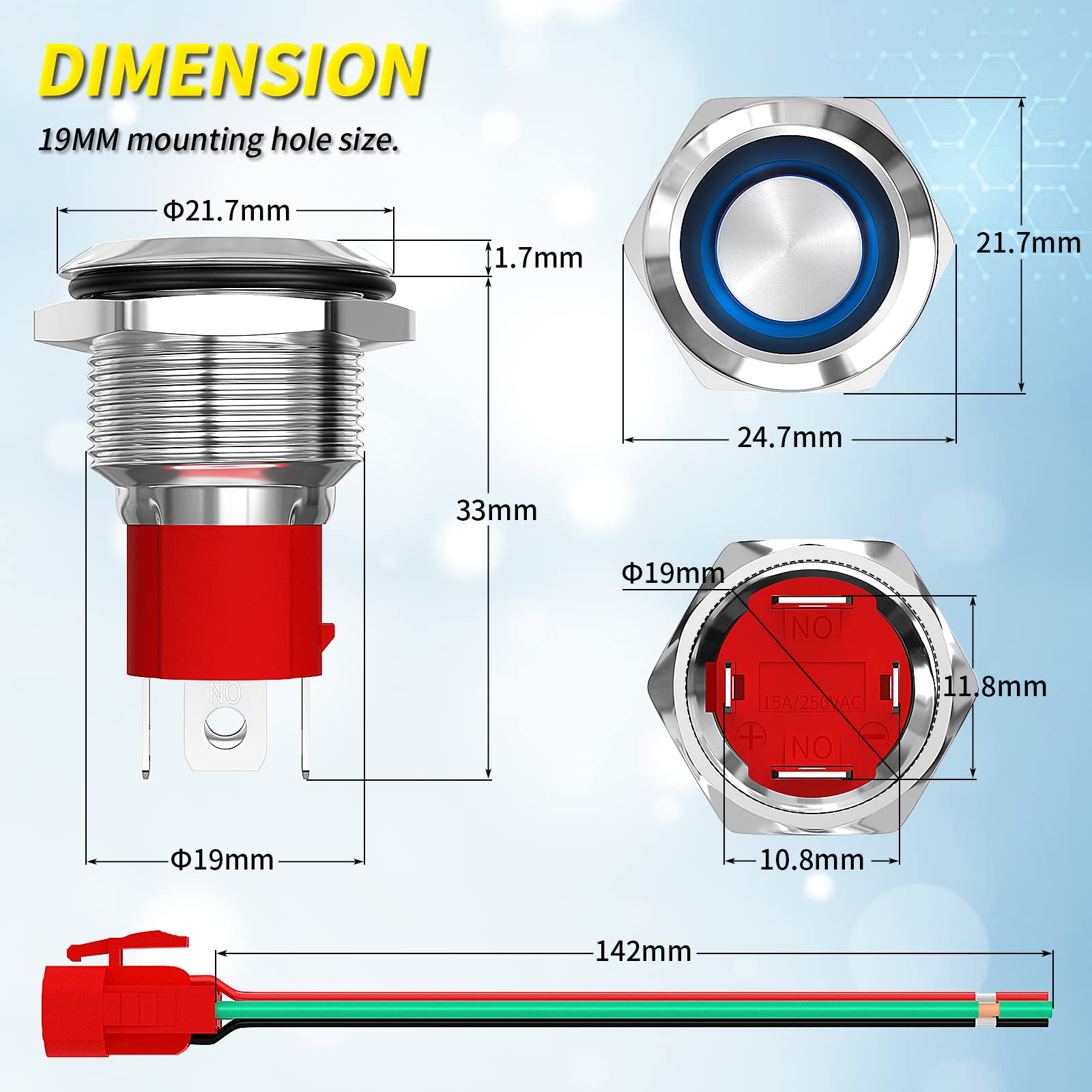 Joinfworld 12V 20A Heavy Duty Waterproof Push Button Switch - Metal Round Switch with Blue LED Ring for Marine, Boat, Car, Truck