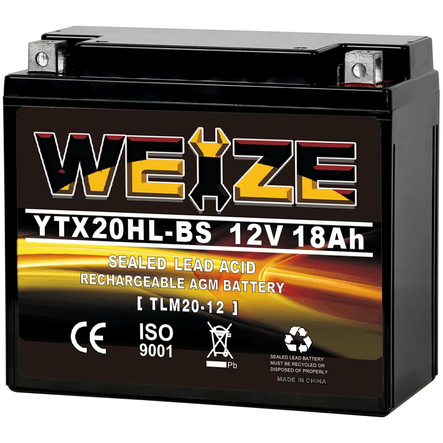 YTX20HL-BS Sealed AGM Maintenance Free Motorcycle Battery, 12 Volt 18 AH, 300 CCA Scooter Battery