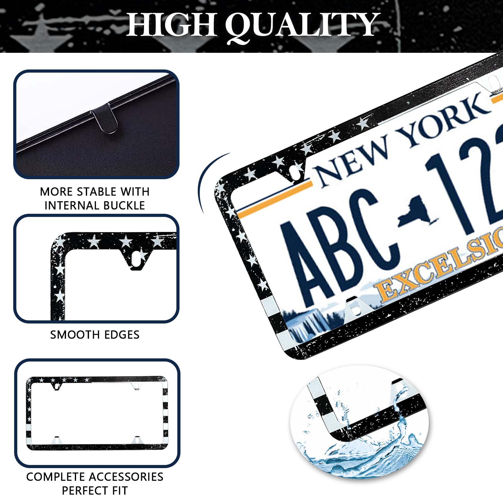 Black American Flag License Plate Frame - 2 Pack Stainless Steel Vintage Patriotic USA Flag License Plate Holder Cover Rust-Proo