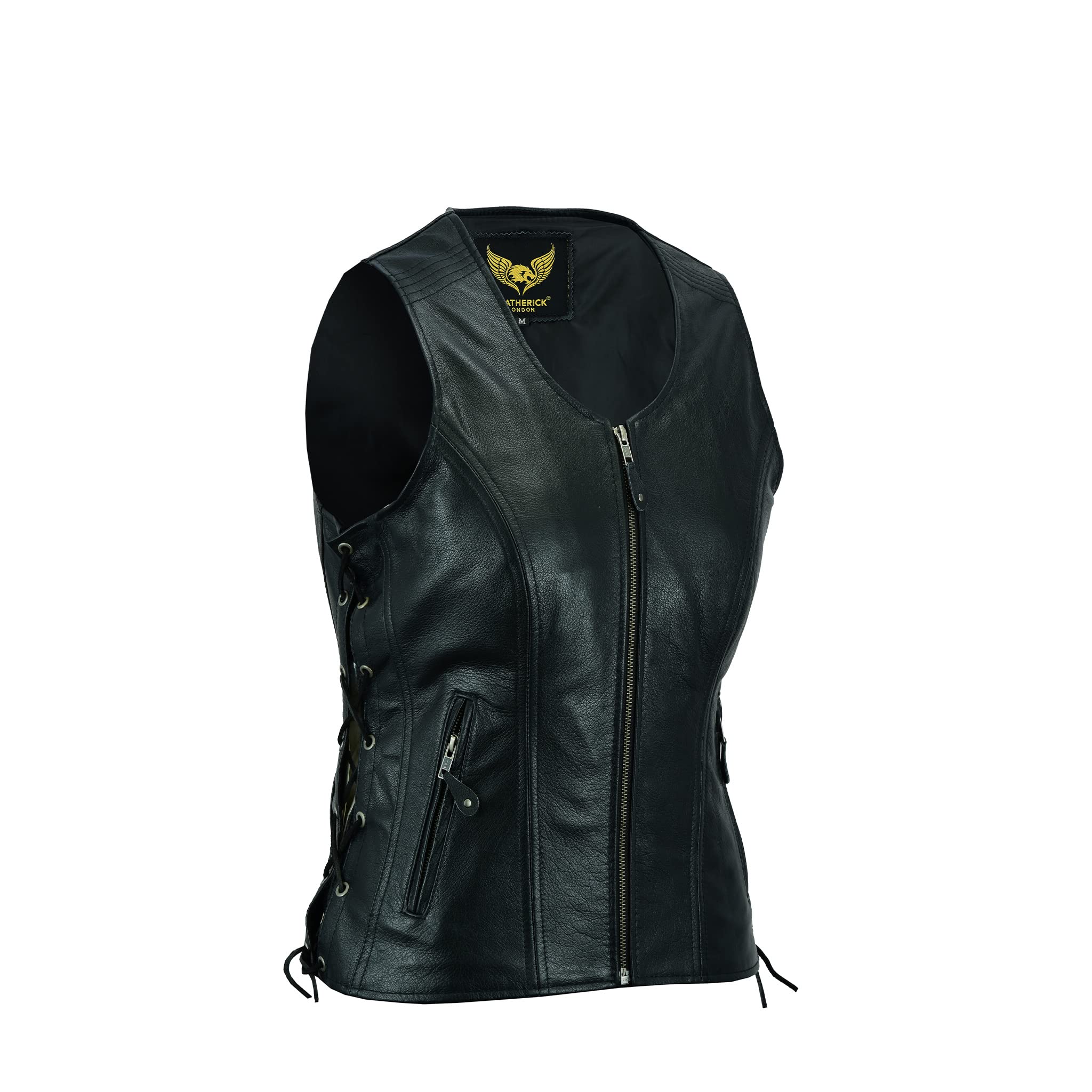 Leatherick Women Top Grain Genuine Buffalo Black Ladies Leather Vests For Motorcycle Bikers (As1, Alpha, 5X_L, Regular, Regular,