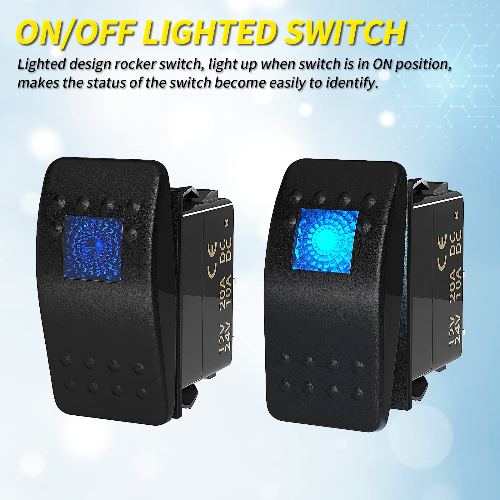 Joinfworld Marine Rocker Switch 12V 24V Lighted Rocker Switch 12 Volt 20A Blue LED 3 Pin SPST ON/Off Waterproof for Boat UTV RZR
