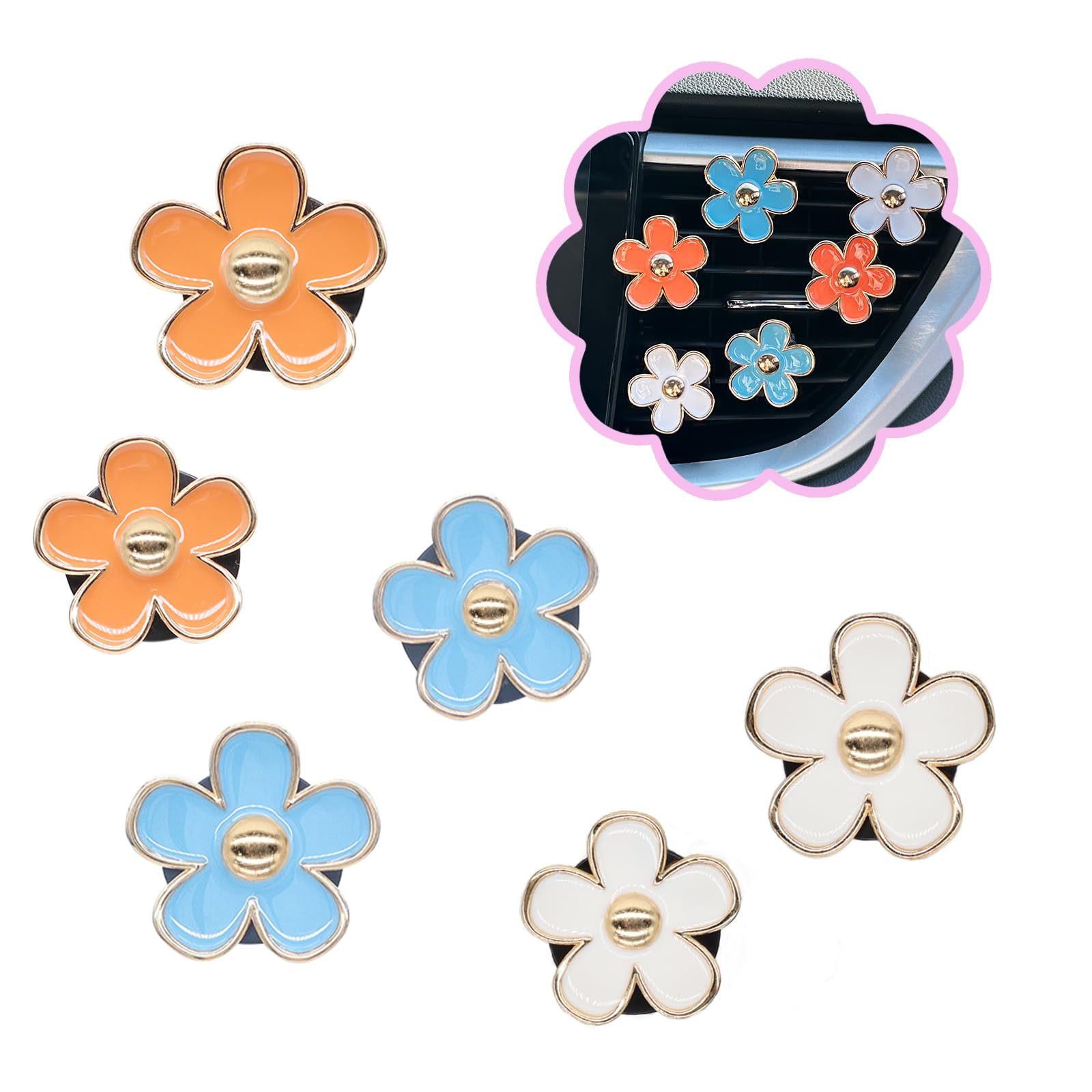 Oriesse 6Pcs Flowers Car Air Freshener Vent Clips,Blue Orange White Daisy Air Vent Clip Car Accessories For Women,3.3Cm/3Cm Flow