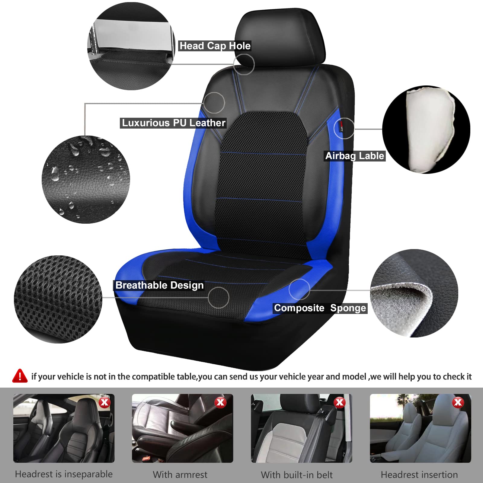 CAR PASS Universal Leather Front Seat Covers - Airbag Compatible, Black and Blue, Polyester, Model zt-0121-3, Fits Most Cars, SUVs, Trucks, Vans