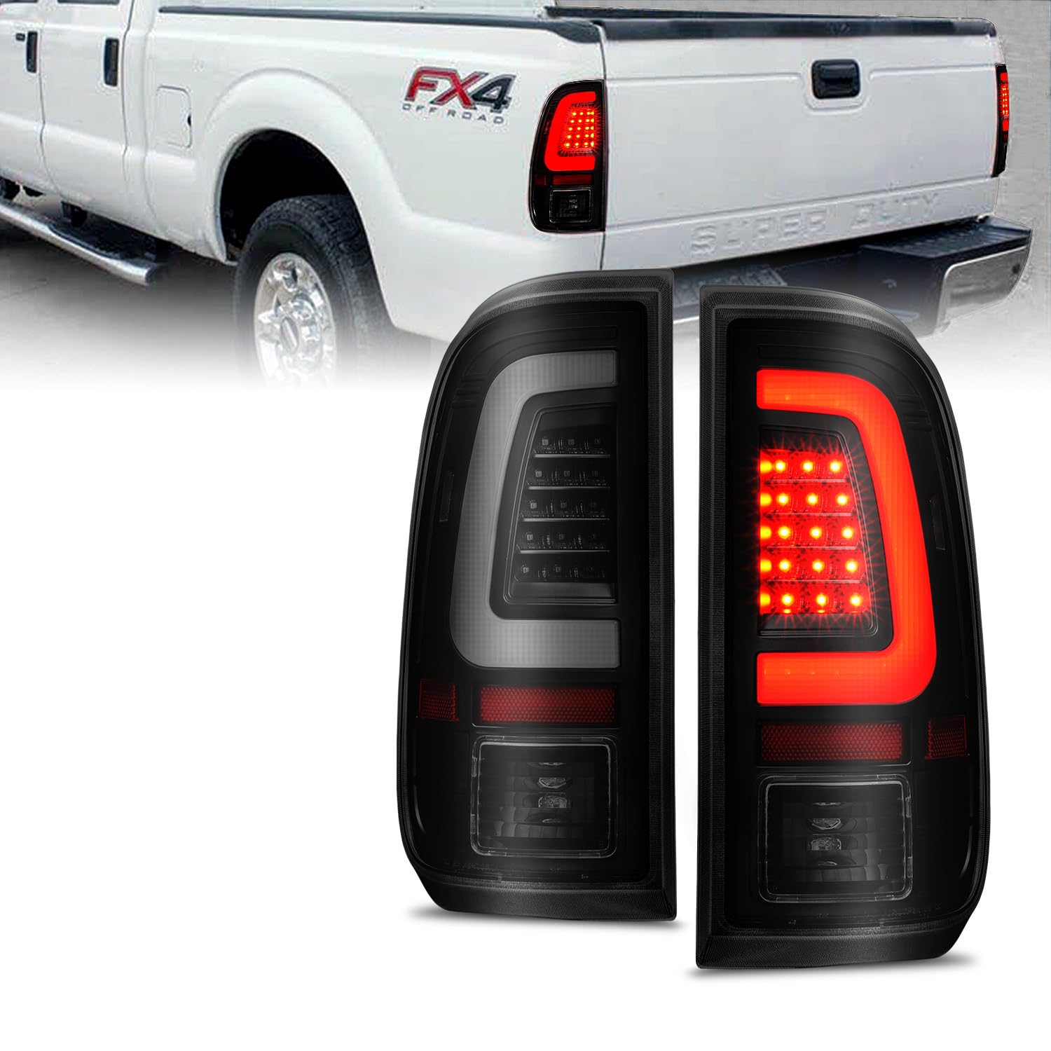 Amerilite For 2008-2016 Ford F250 F350 F450 Sd Pickup Truck Dark Black C-Type Led Tube Replacement Tail Lights W/Reverse Bulb - Passenger And Driver Side